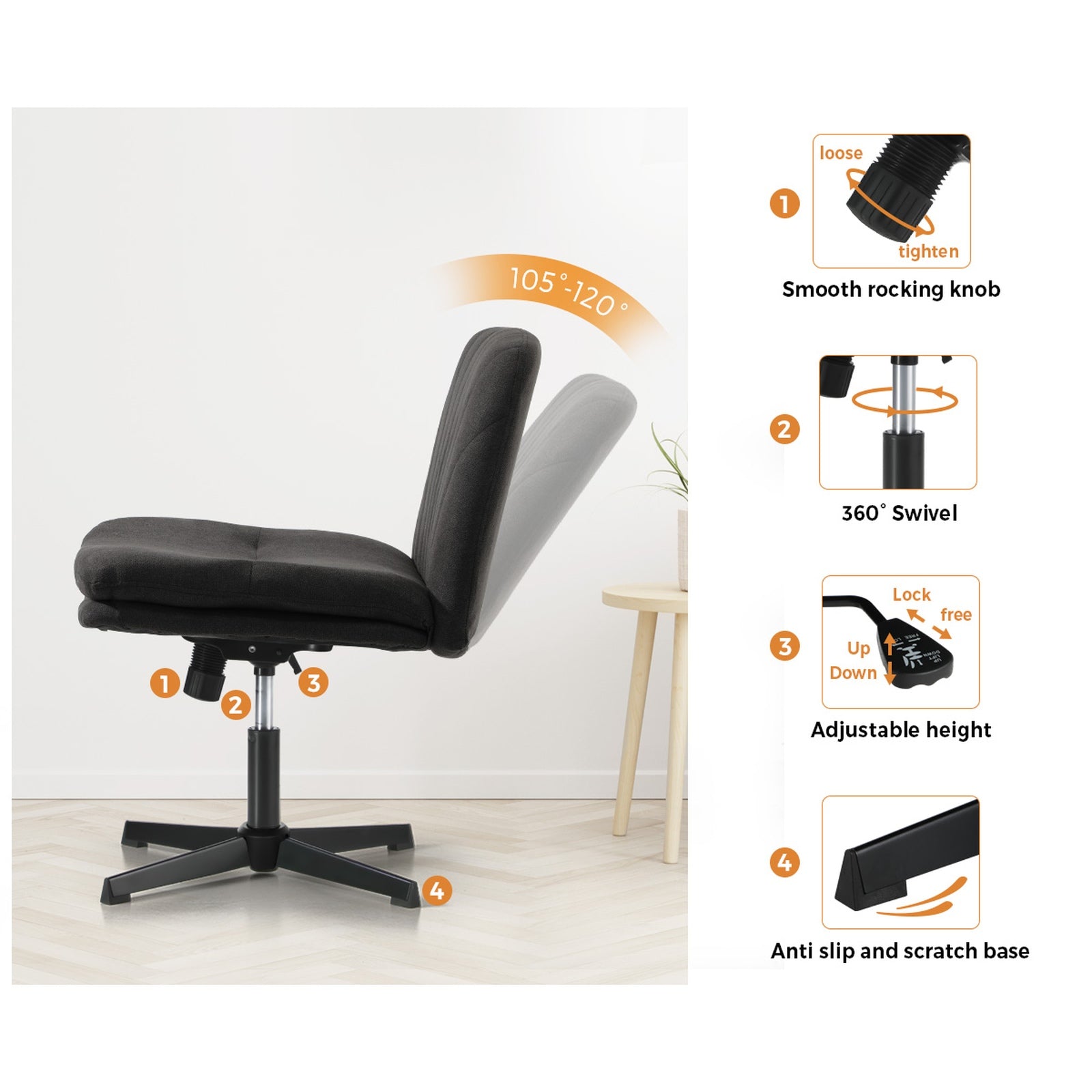 Oikiture Mid Back Armless Office Desk Chair Wide Seat Linen Charcoal No Wheels - Sunyee