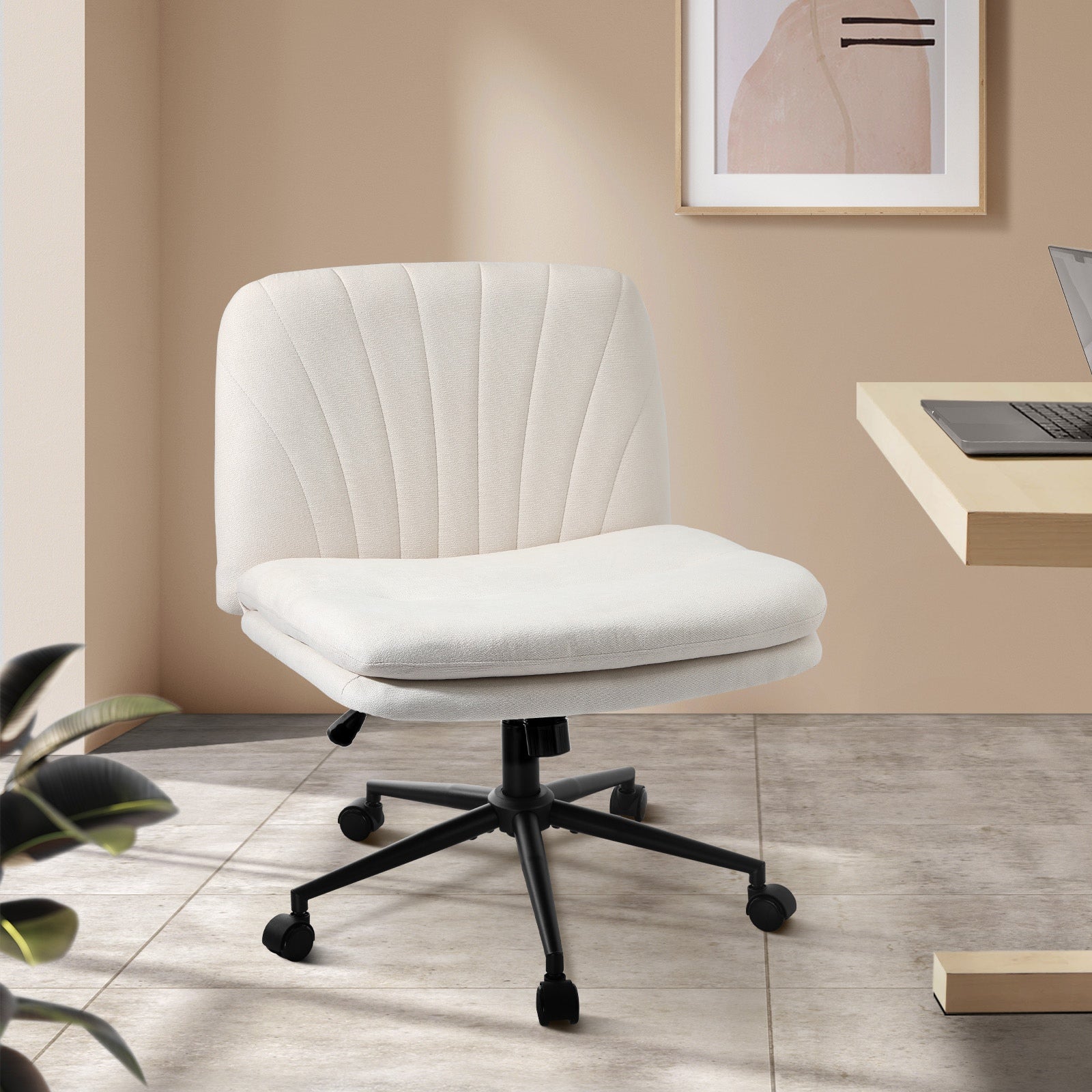 Oikiture Mid Back Armless Office Desk Chair Wide Seat Linen with Wheels Beige - Sunyee