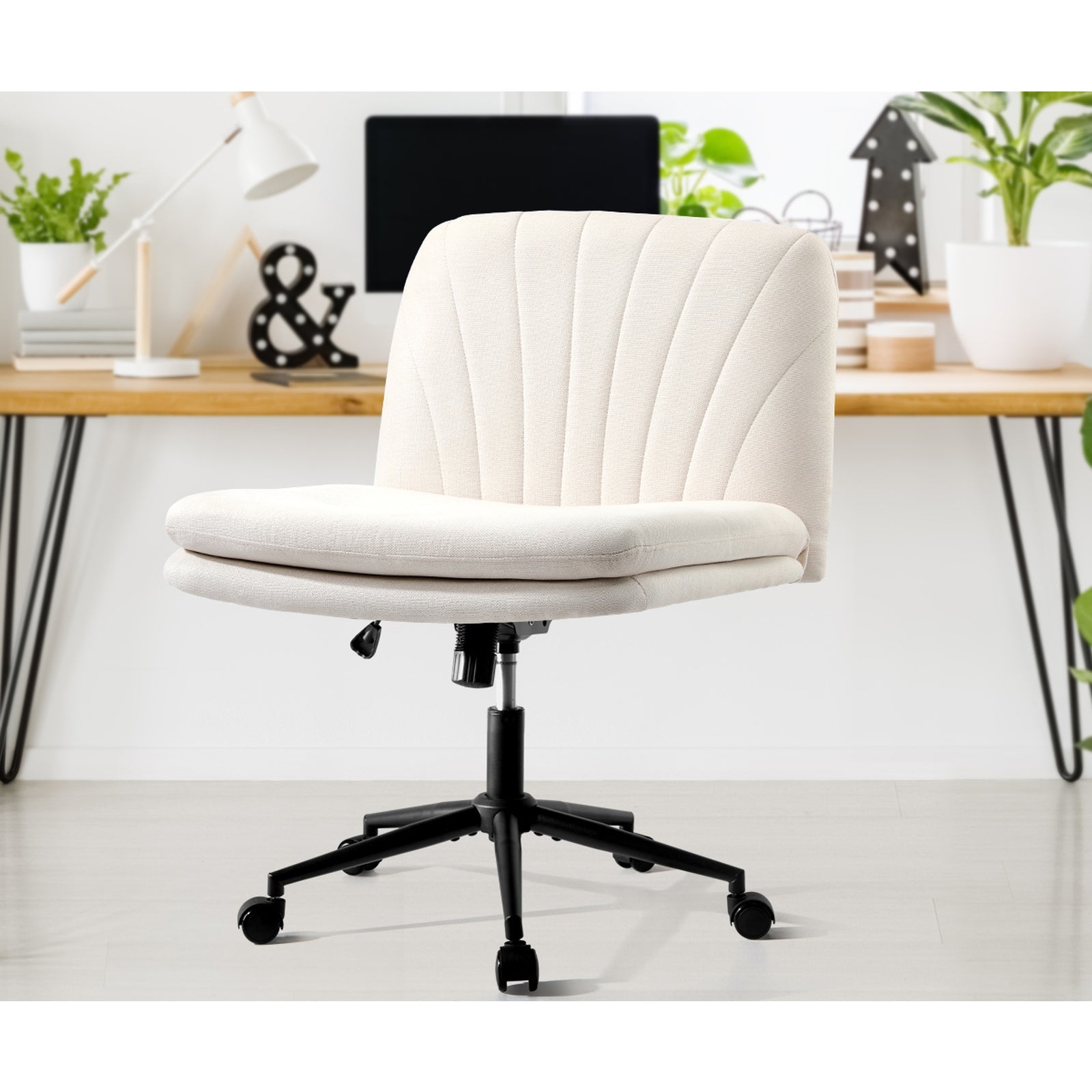 Oikiture Mid Back Armless Office Desk Chair Wide Seat Linen with Wheels Beige - Sunyee