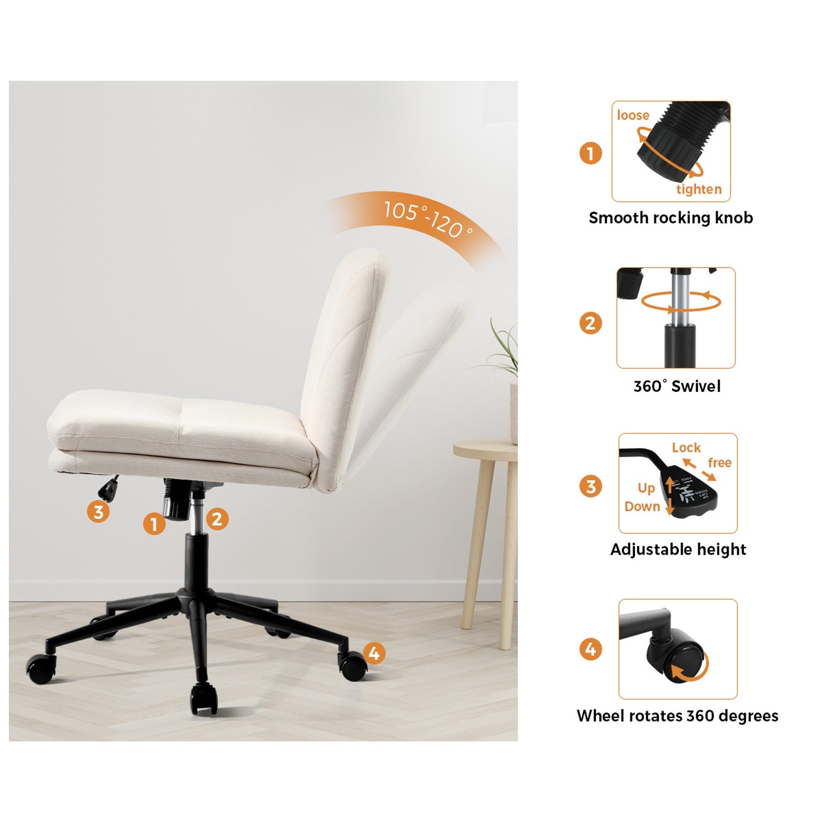 Oikiture Mid Back Armless Office Desk Chair Wide Seat Linen with Wheels Beige - Sunyee