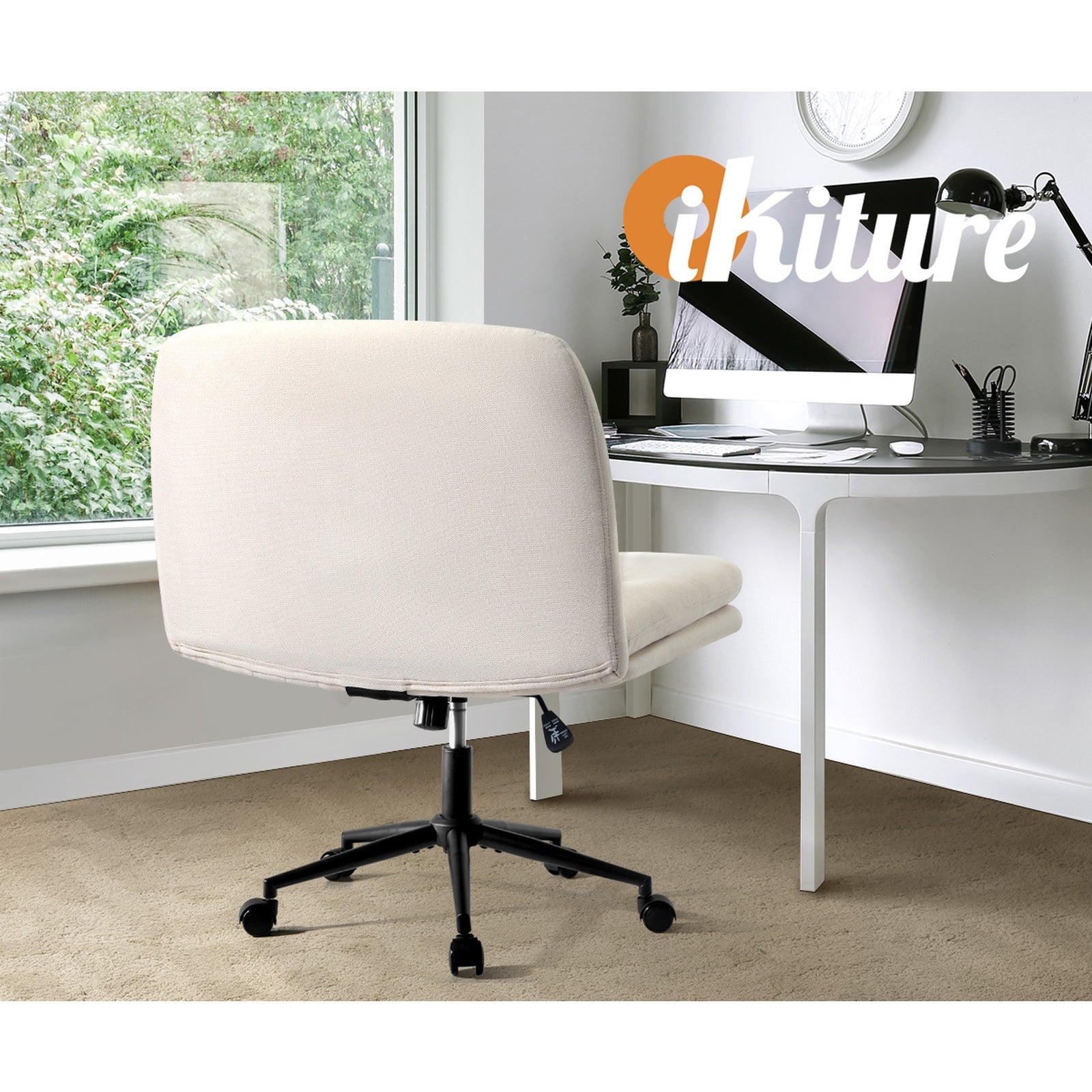 Oikiture Mid Back Armless Office Desk Chair Wide Seat Linen with Wheels Beige - Sunyee