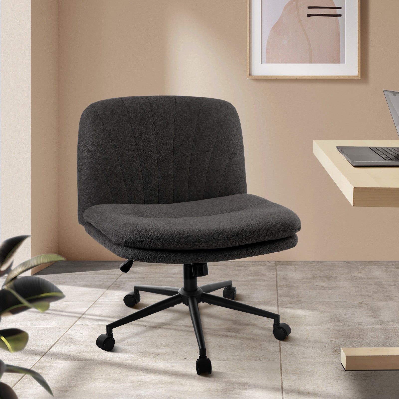 Oikiture Mid Back Armless Office Desk Chair Wide Seat Linen with Wheels Charcoal - Sunyee