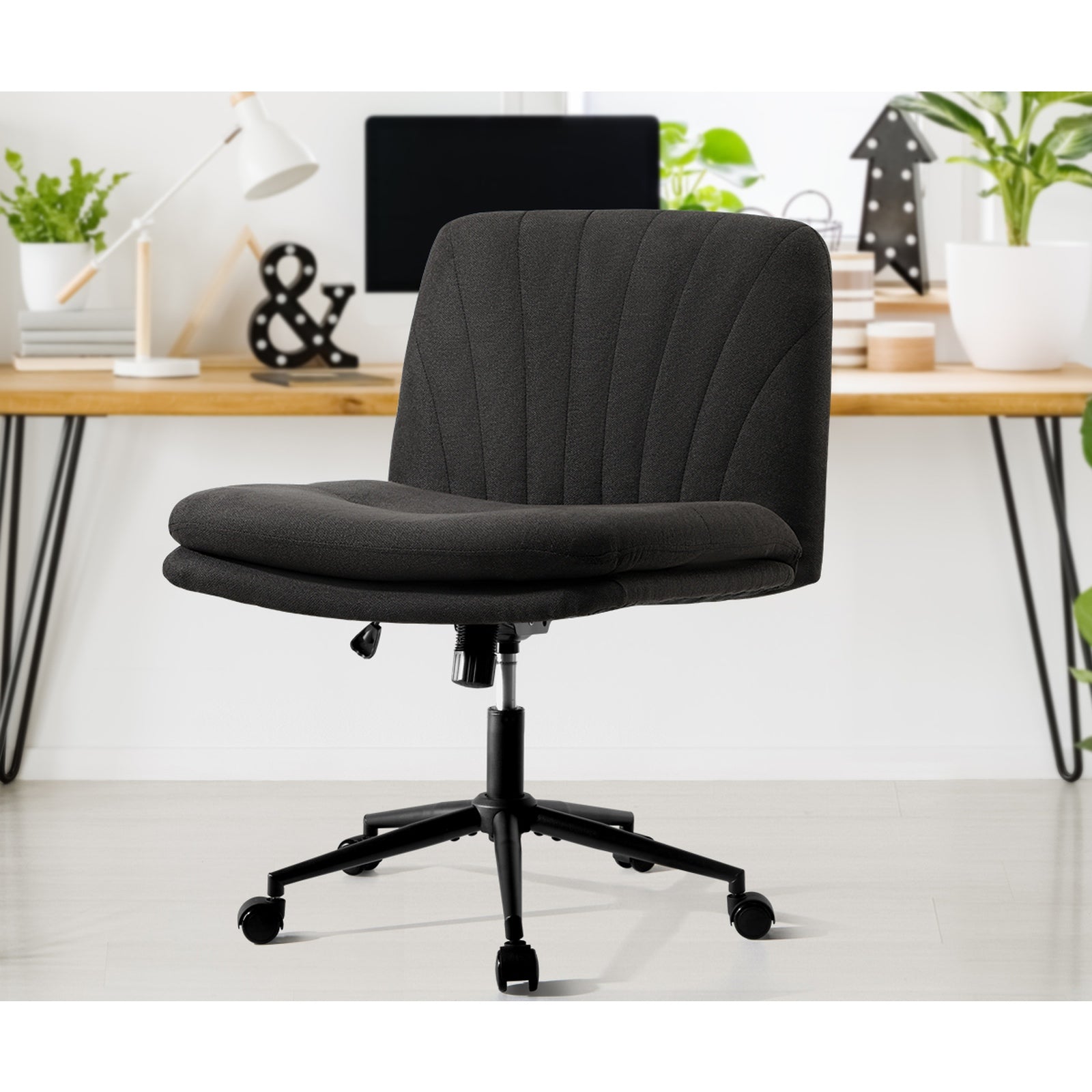 Oikiture Mid Back Armless Office Desk Chair Wide Seat Linen with Wheels Charcoal - Sunyee
