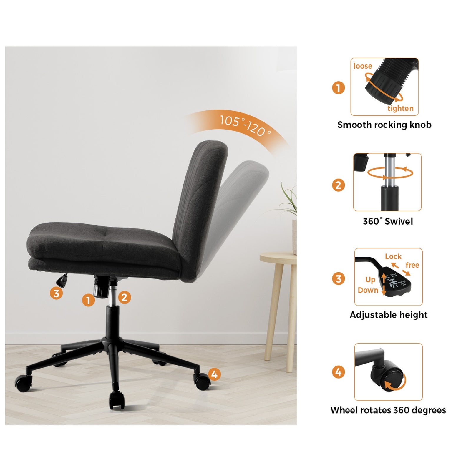 Oikiture Mid Back Armless Office Desk Chair Wide Seat Linen with Wheels Charcoal - Sunyee