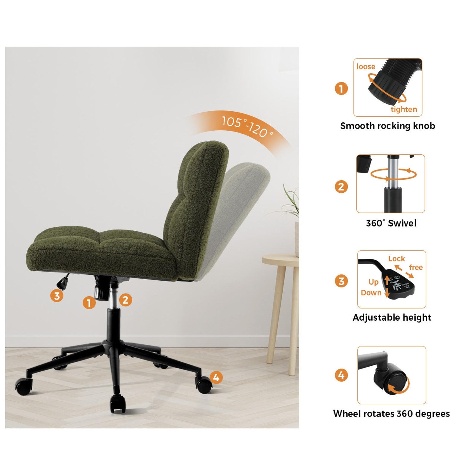 Oikiture Mid Back Armless Office Desk Chair Wide Seat with Wheels Boucle Green - Sunyee