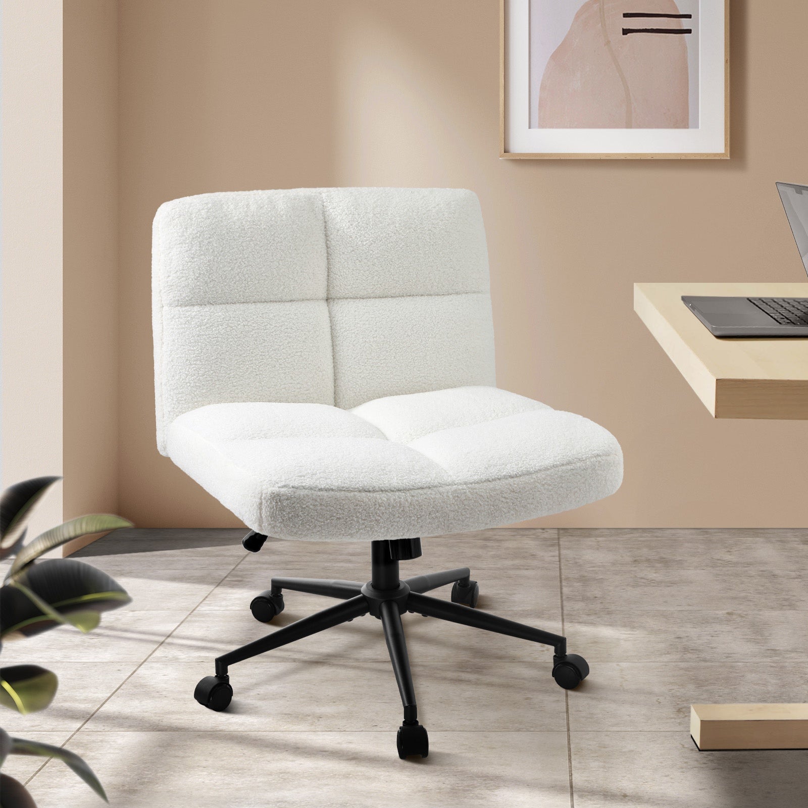 Oikiture Mid Back Armless Office Desk Chair Wide Seat with Wheels Boucle White - Sunyee