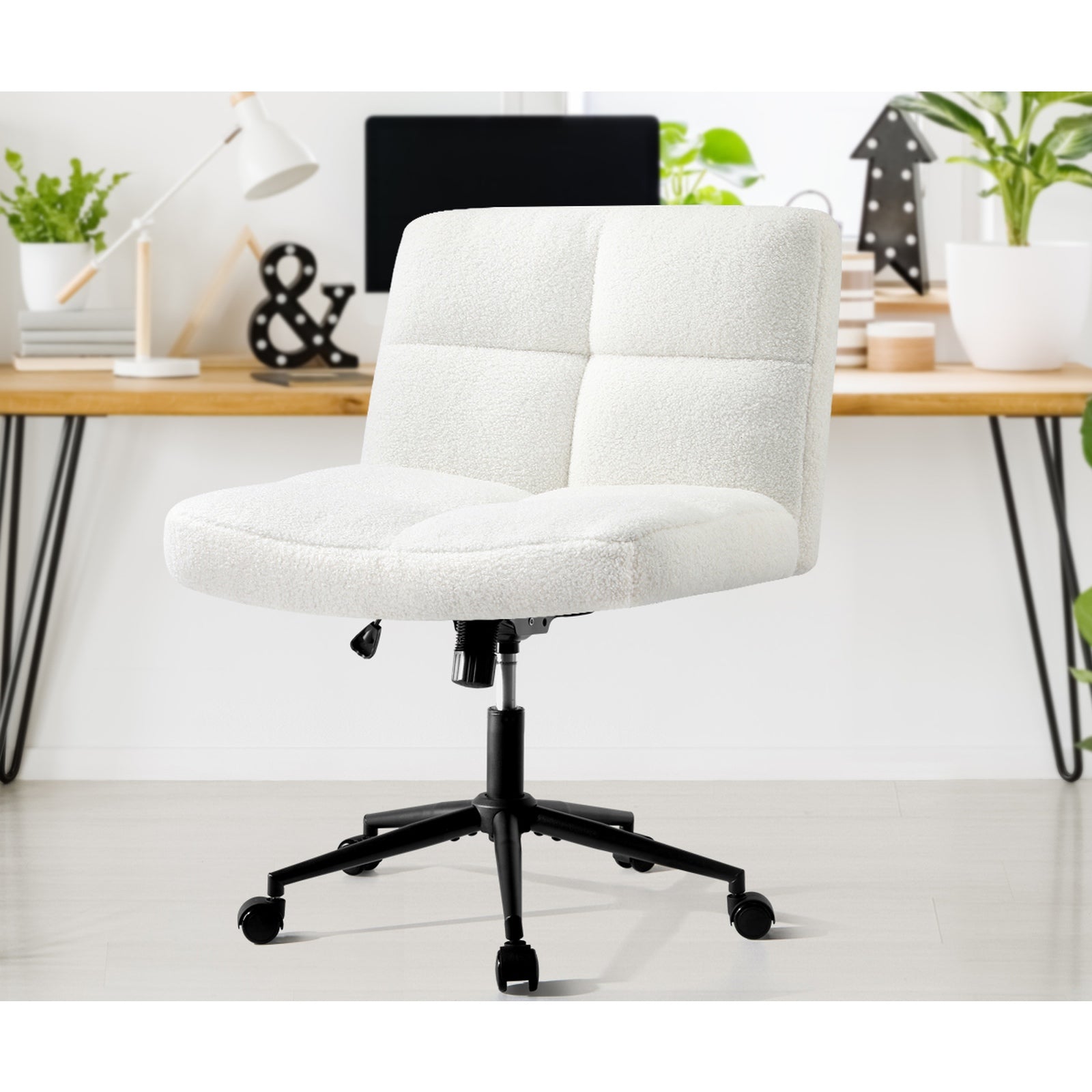 Oikiture Mid Back Armless Office Desk Chair Wide Seat with Wheels Boucle White - Sunyee