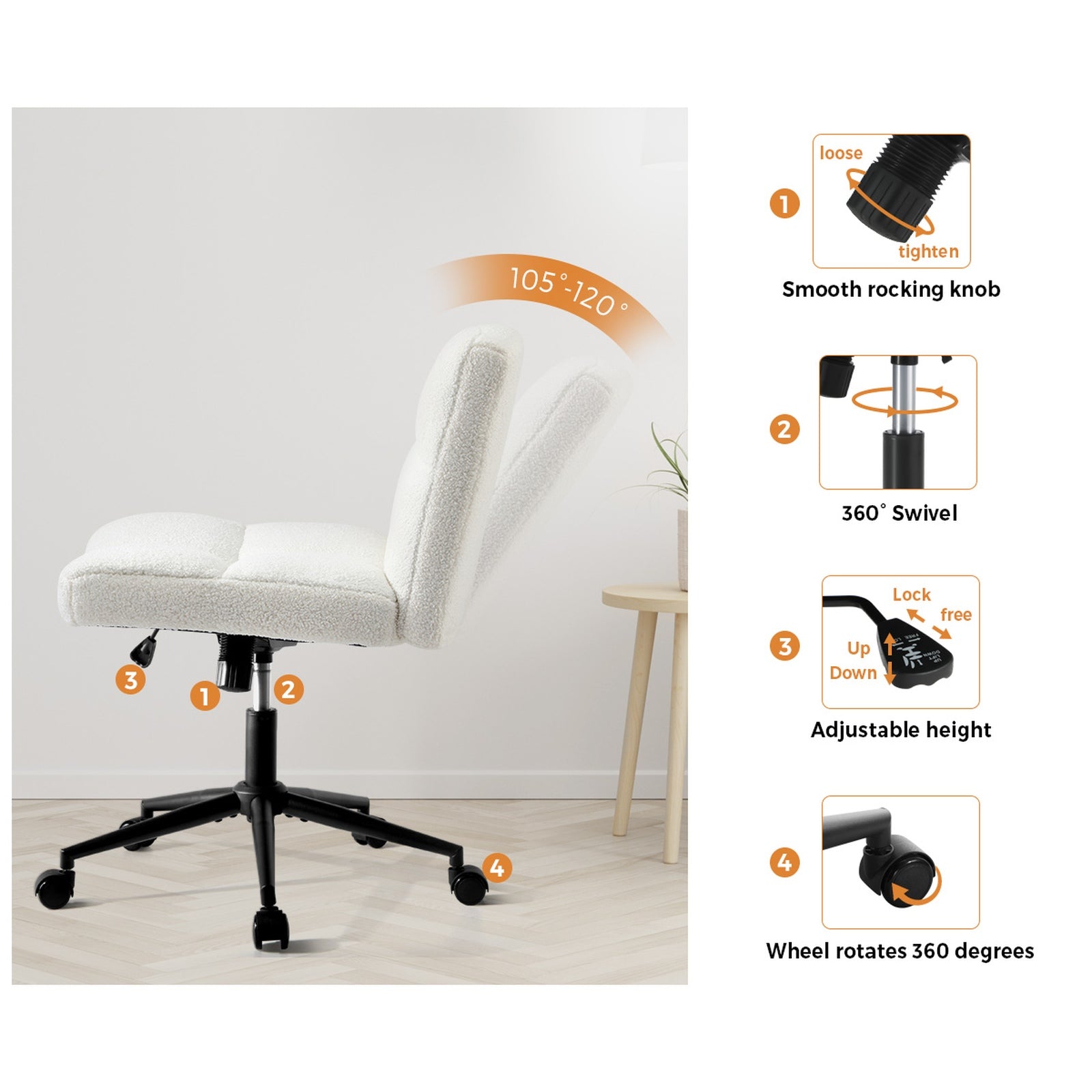 Oikiture Mid Back Armless Office Desk Chair Wide Seat with Wheels Boucle White - Sunyee