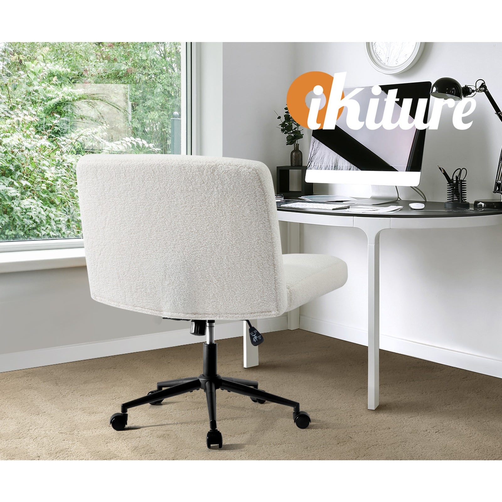 Oikiture Mid Back Armless Office Desk Chair Wide Seat with Wheels Boucle White - Sunyee