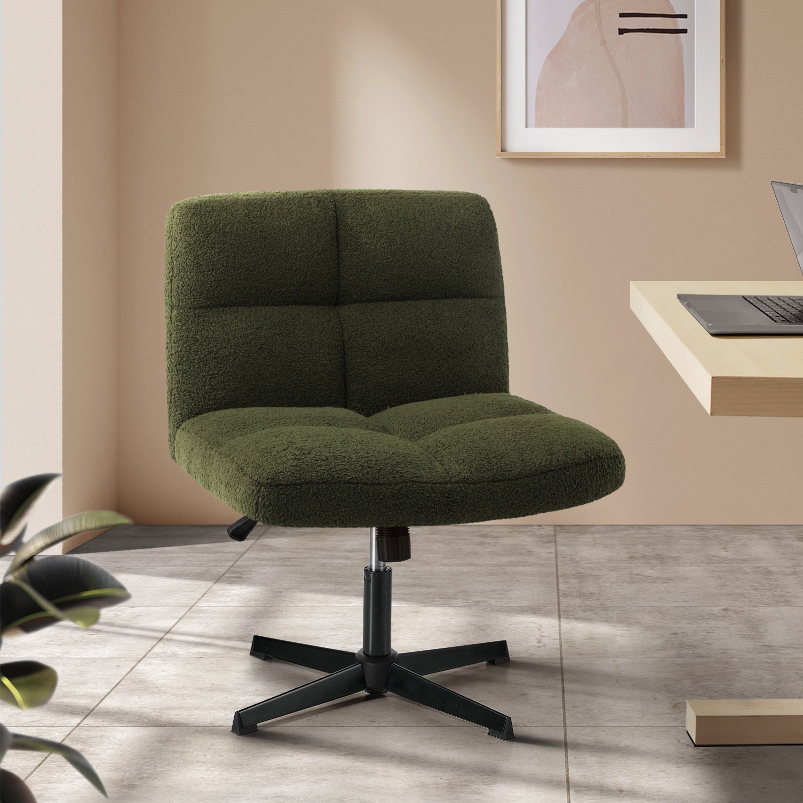 Oikiture Mid Back Armless Office Desk Chair Wide Seat No Wheels Boucle Green - Sunyee