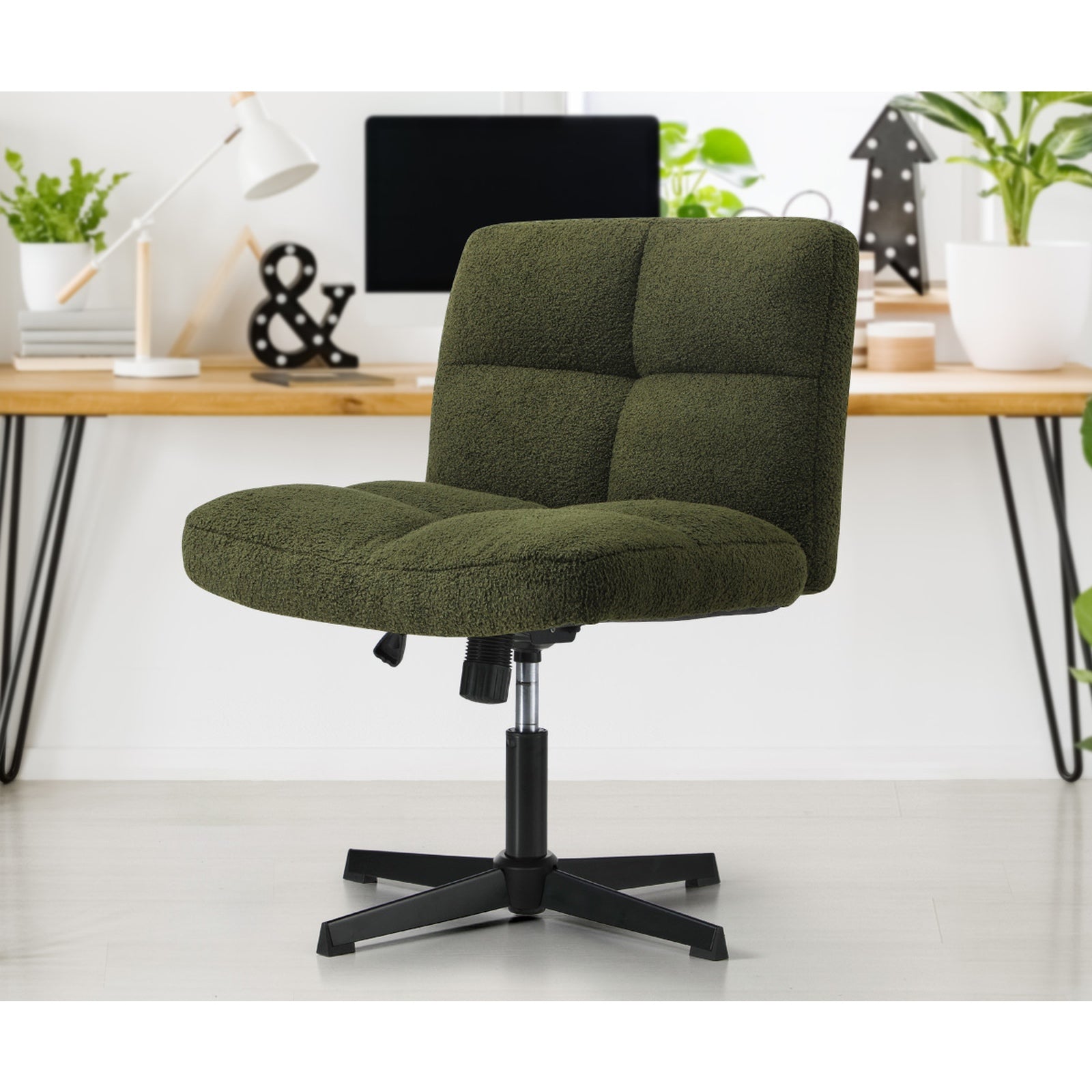 Oikiture Mid Back Armless Office Desk Chair Wide Seat No Wheels Boucle Green - Sunyee