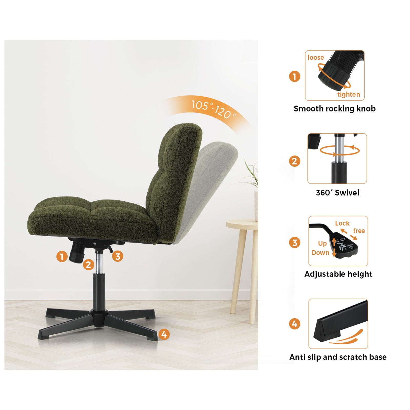 Oikiture Mid Back Armless Office Desk Chair Wide Seat No Wheels Boucle Green - Sunyee