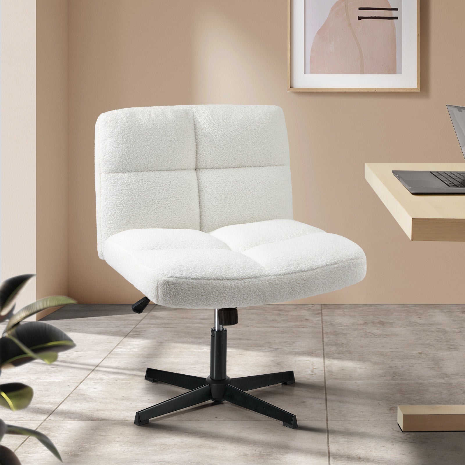 Oikiture Mid Back Armless Office Desk Chair Wide Seat No Wheels Boucle White - Sunyee
