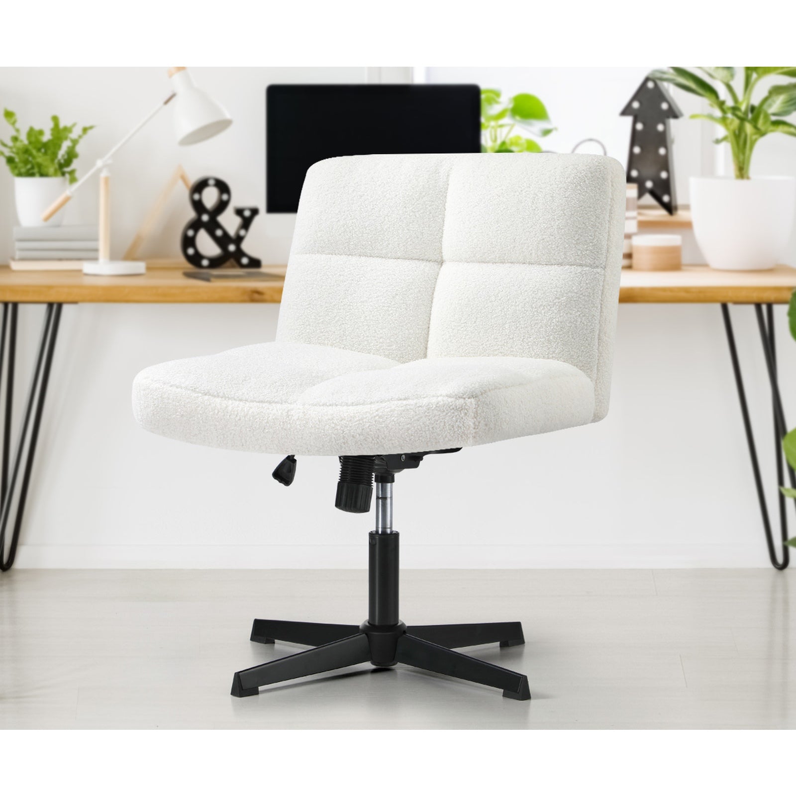 Oikiture Mid Back Armless Office Desk Chair Wide Seat No Wheels Boucle White - Sunyee