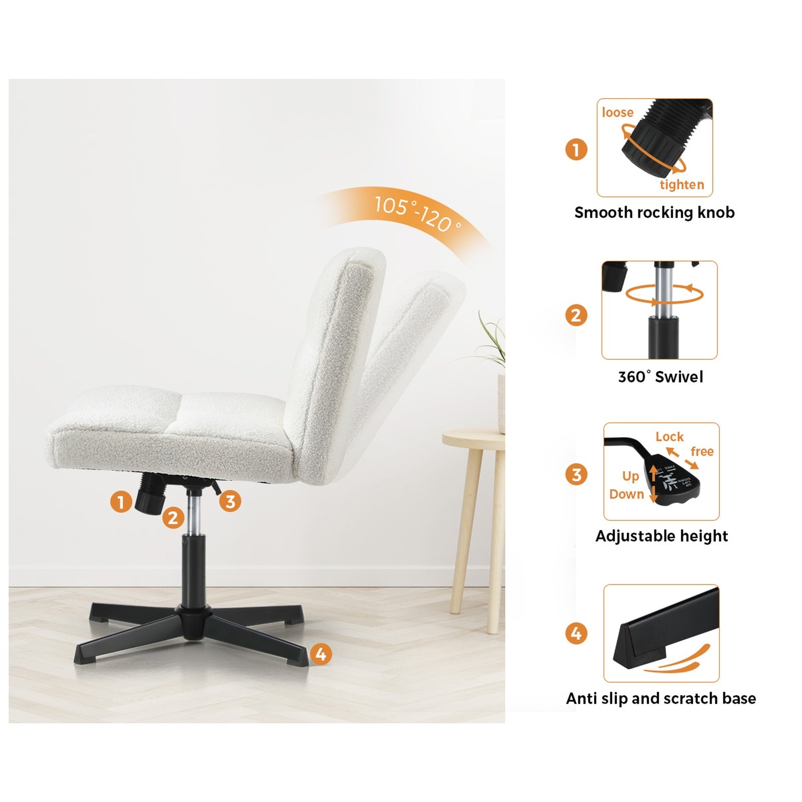 Oikiture Mid Back Armless Office Desk Chair Wide Seat No Wheels Boucle White - Sunyee