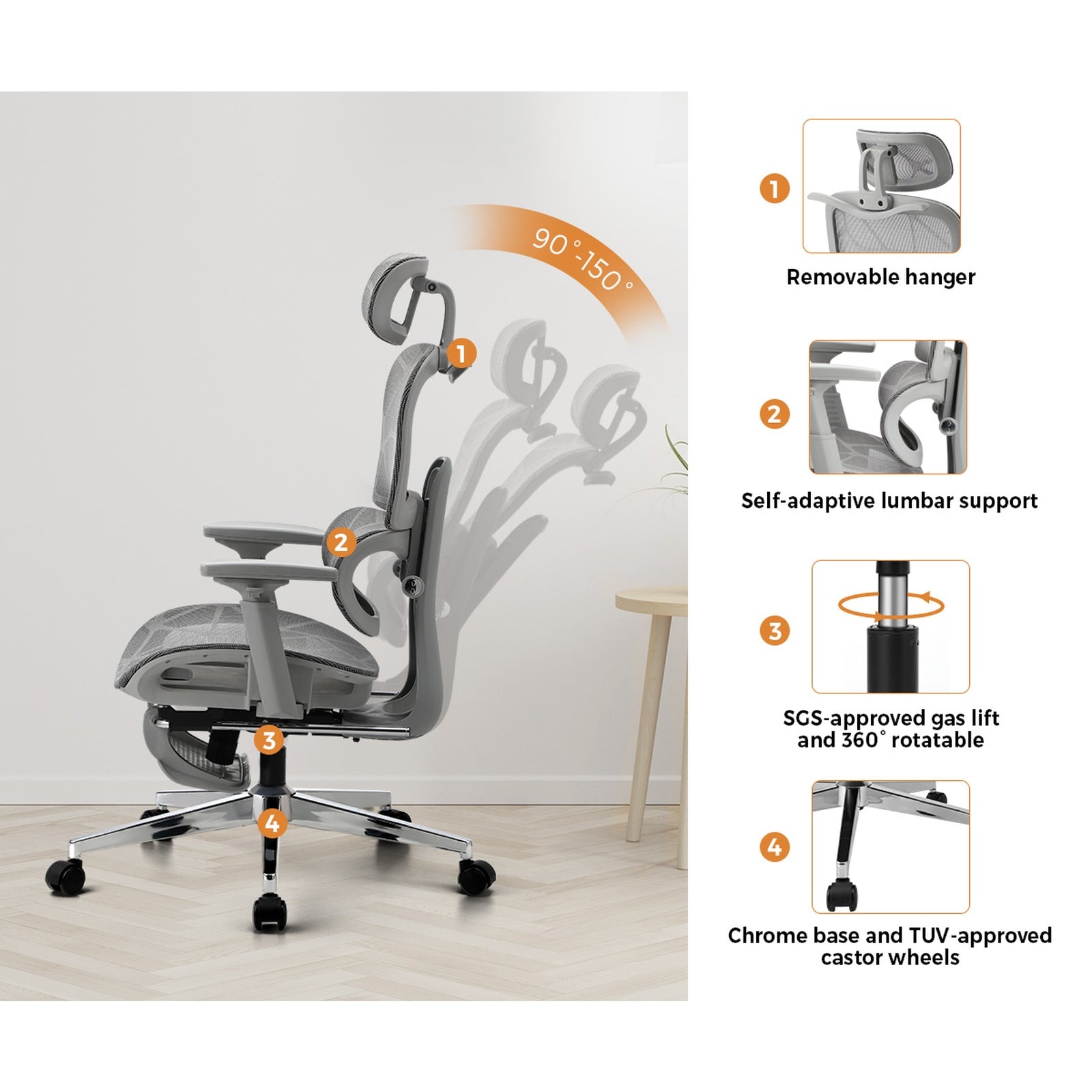 Oikiture Ergonomic Office Chair Mesh Executive Seat Computer Chairs Grey - Sunyee