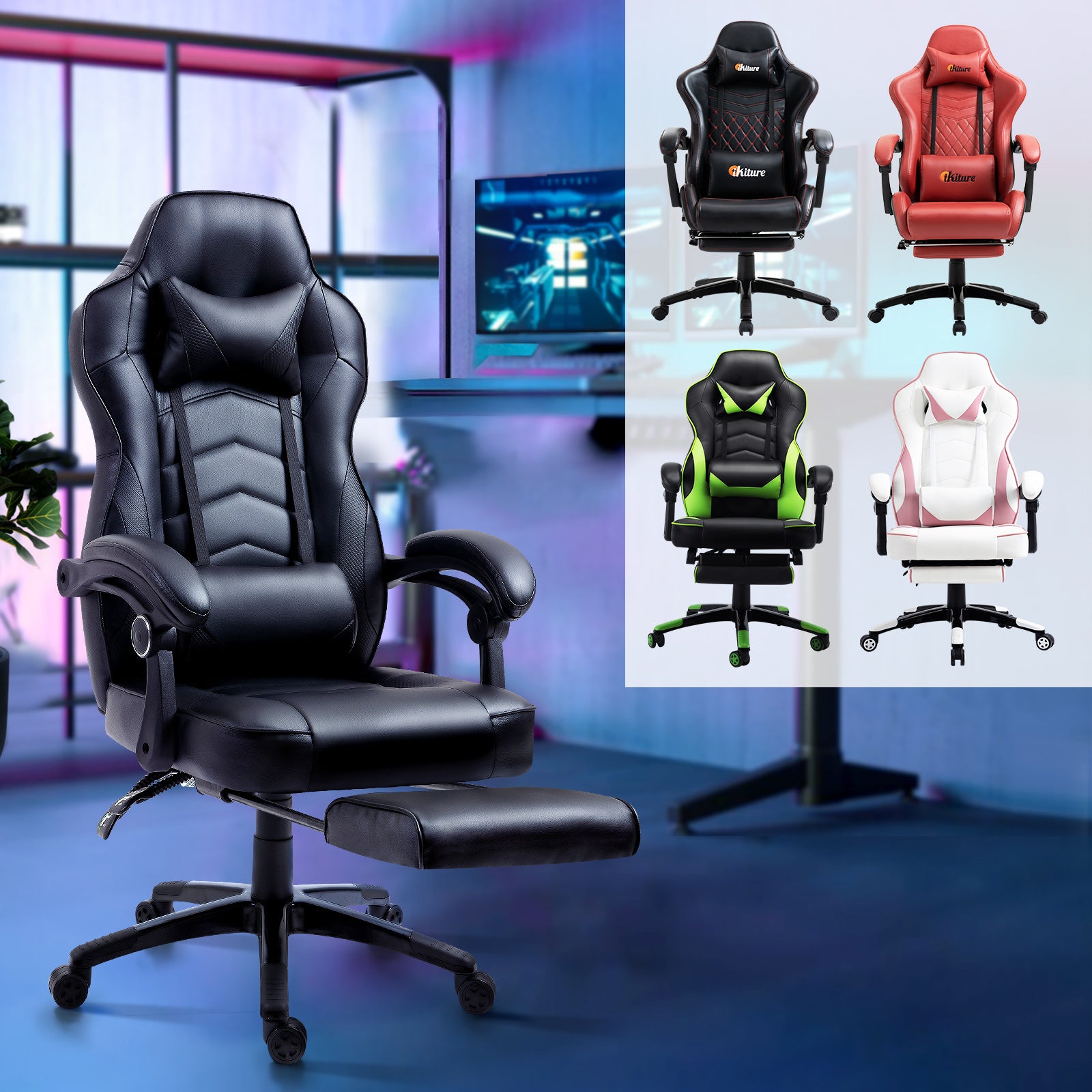 Oikiture Gaming Chair Office Chairs Computer Footrest Executive Seat PU Leather - Sunyee