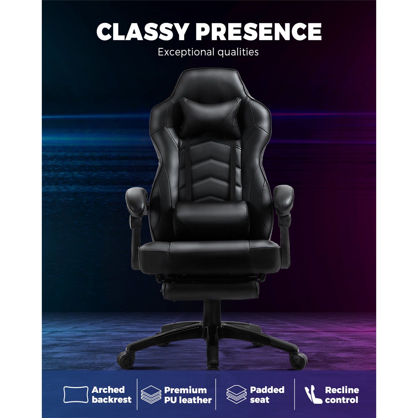 Oikiture Gaming Chair Office Chairs Executive Footrest Computer Seat PU Leather - Sunyee