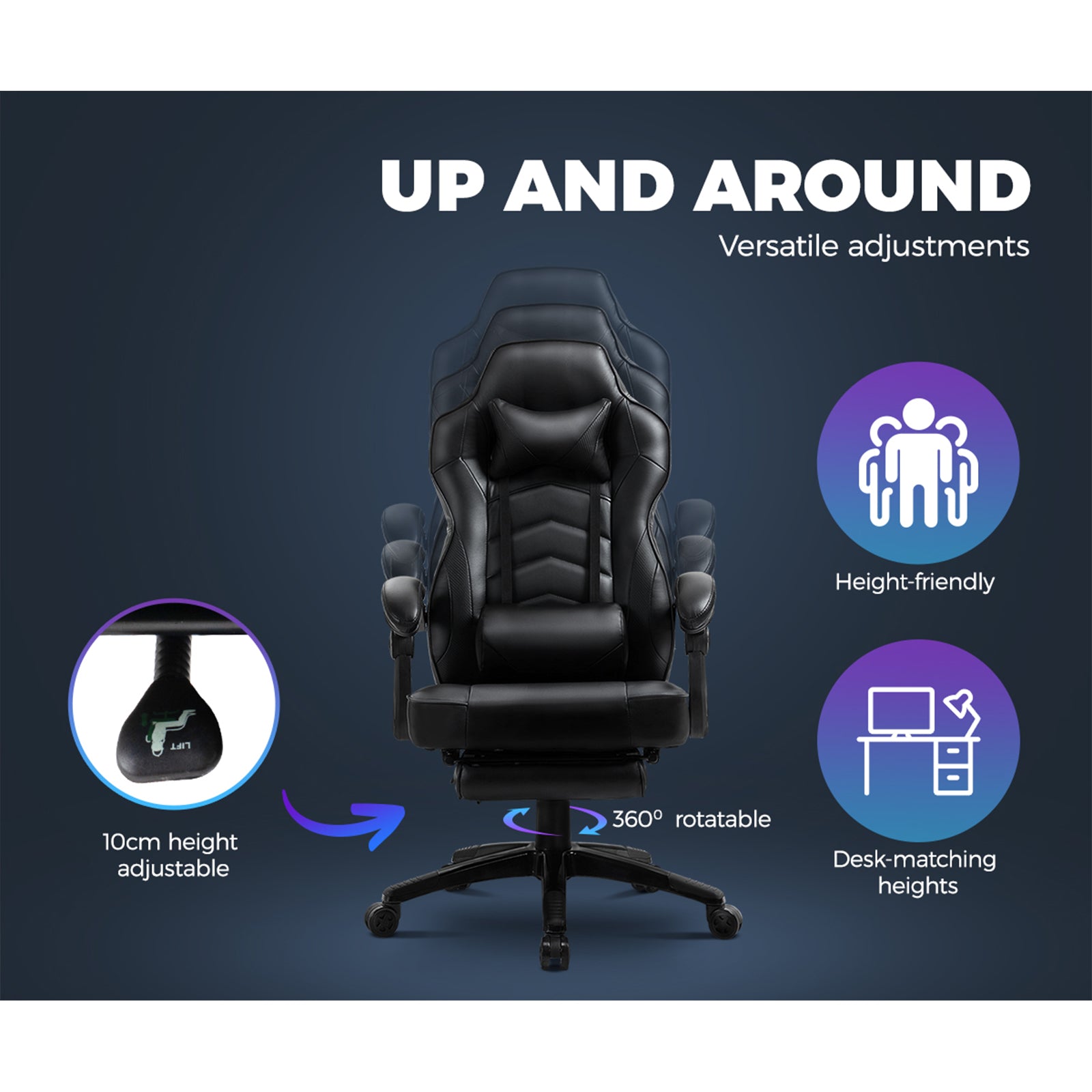 Oikiture Gaming Chair Office Chairs Executive Footrest Computer Seat PU Leather - Sunyee