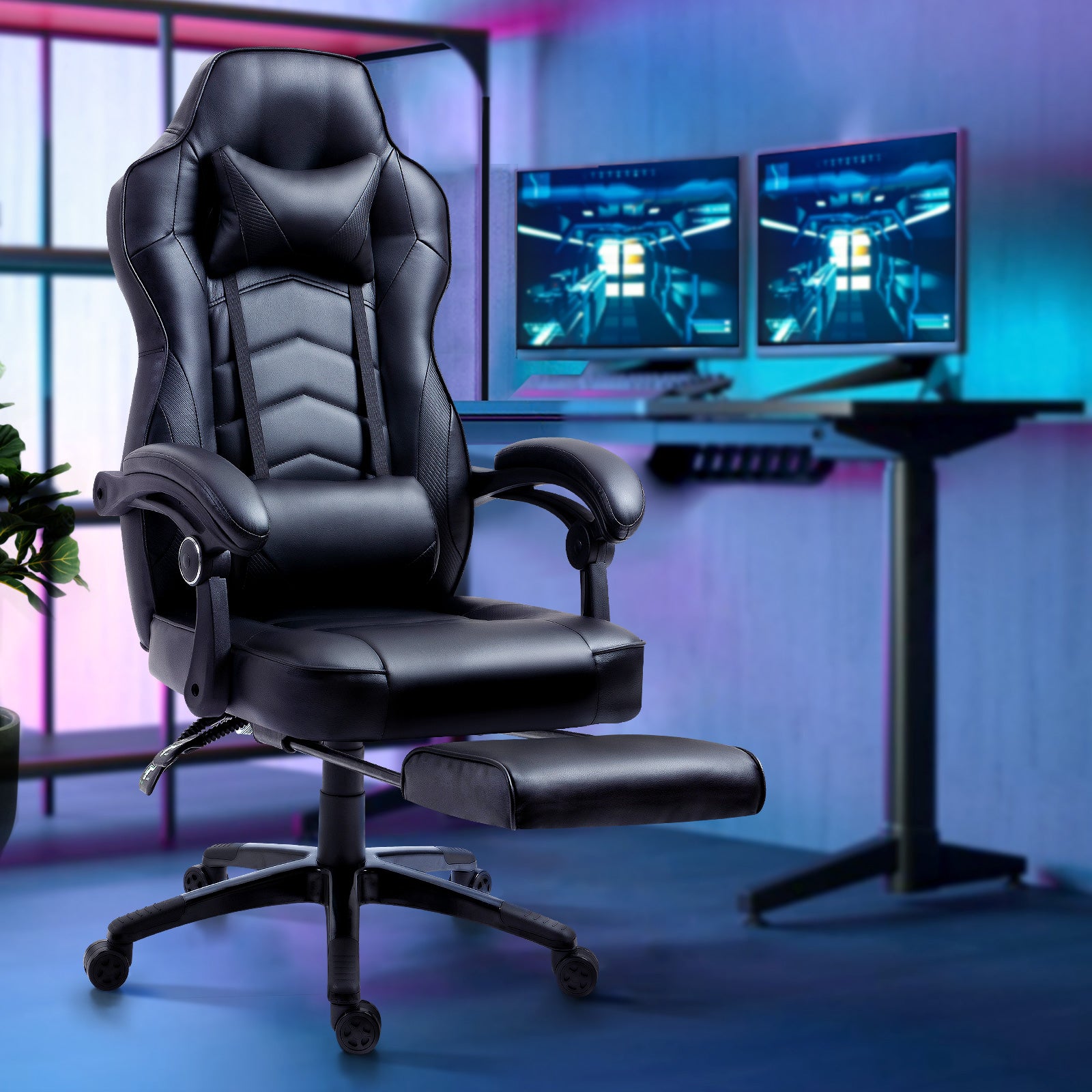 Oikiture Gaming Chair Office Chairs Executive Footrest Computer Seat PU Leather - Sunyee