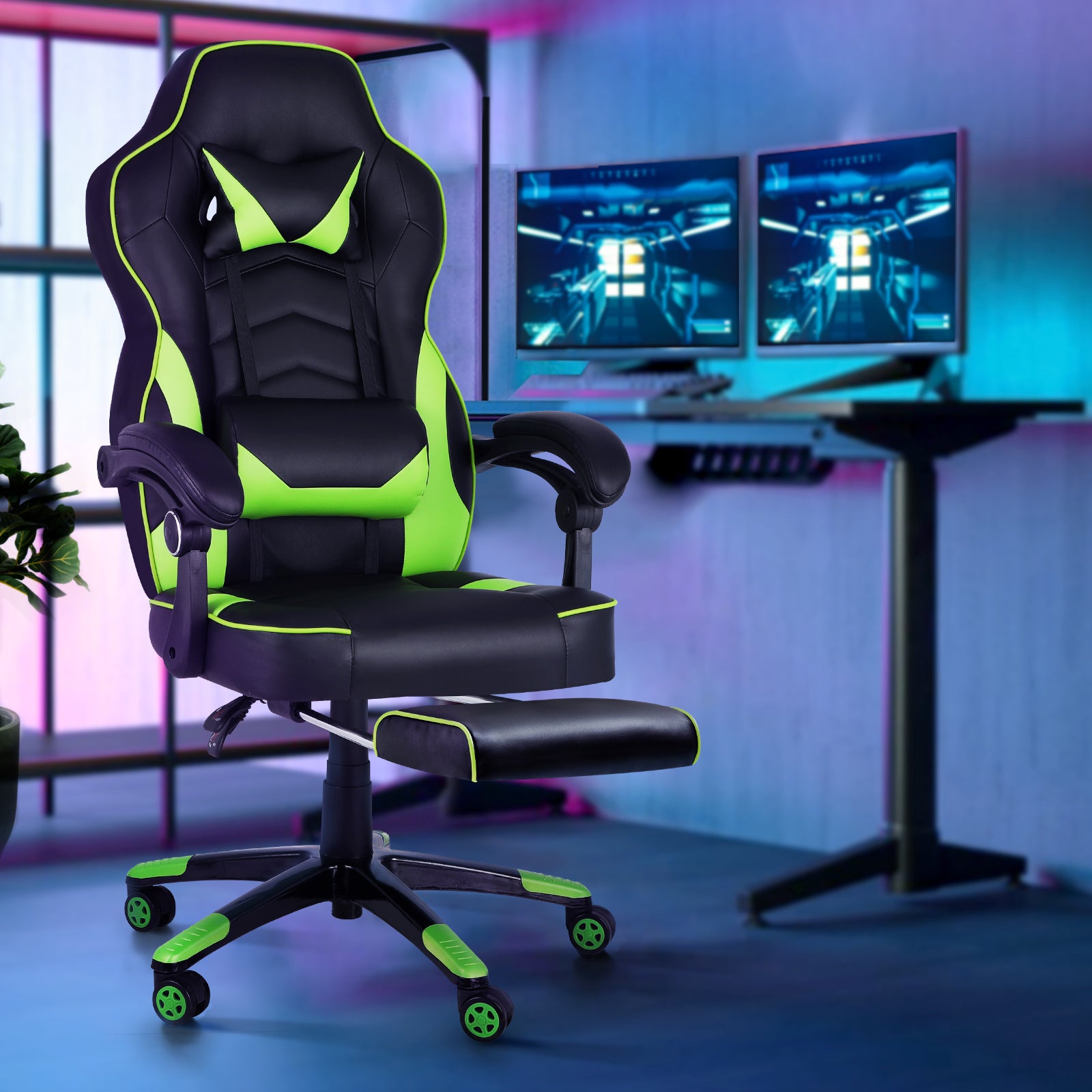 Oikiture Gaming Chair Office Chairs Computer Footrest Executive Seat PU Leather - Sunyee