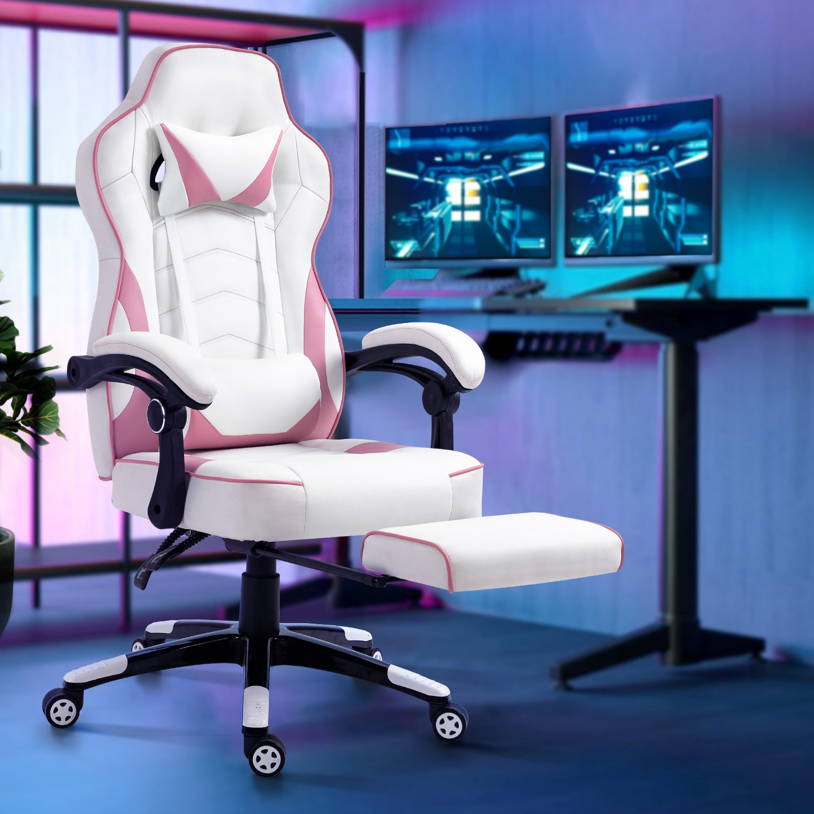 Oikiture Gaming Chair Office Chairs Executive Computer Seat Footrest PU Leather - Sunyee