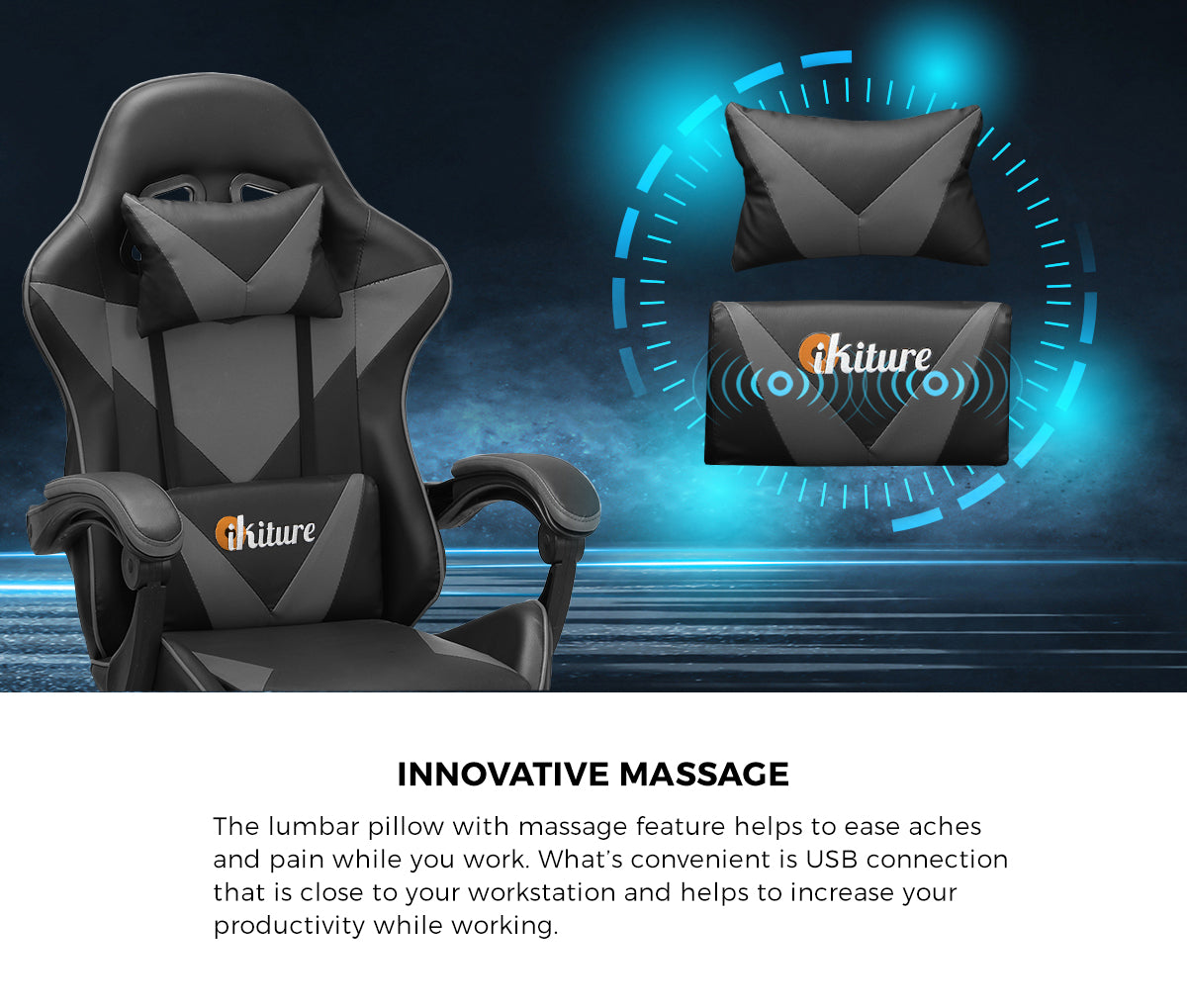 Oikiture Gaming Chair Massage Racing Recliner Office PU Leather with Footrest - Sunyee