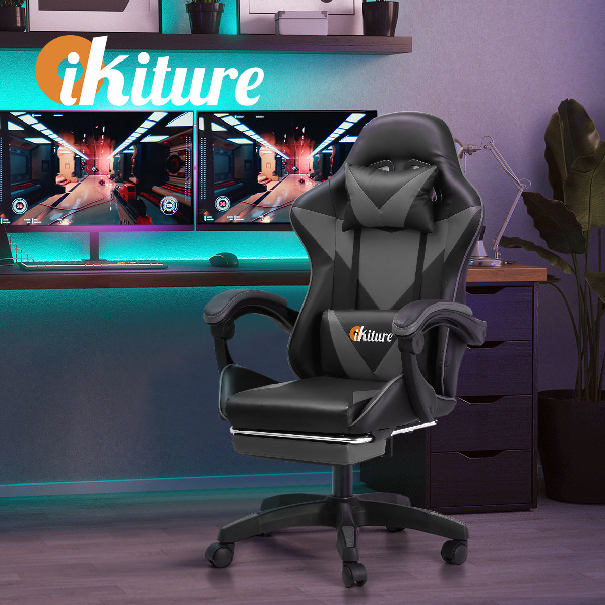 Oikiture Gaming Chair Massage Racing Recliner Office PU Leather with Footrest - Sunyee