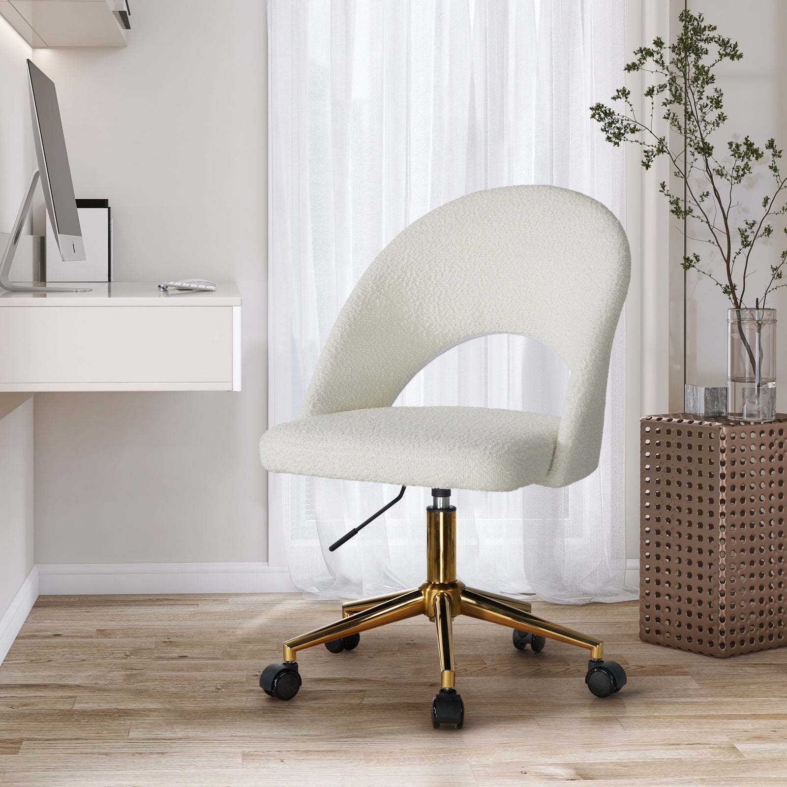 Oikiture High Back Hollow Armless Home Office Chair Boucle White&Gold - Sunyee