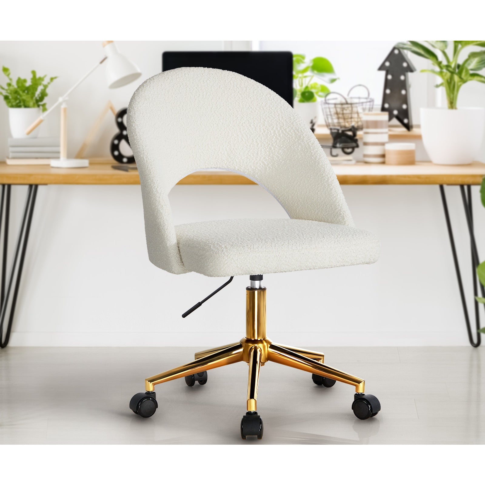 Oikiture High Back Hollow Armless Home Office Chair Boucle White&Gold - Sunyee