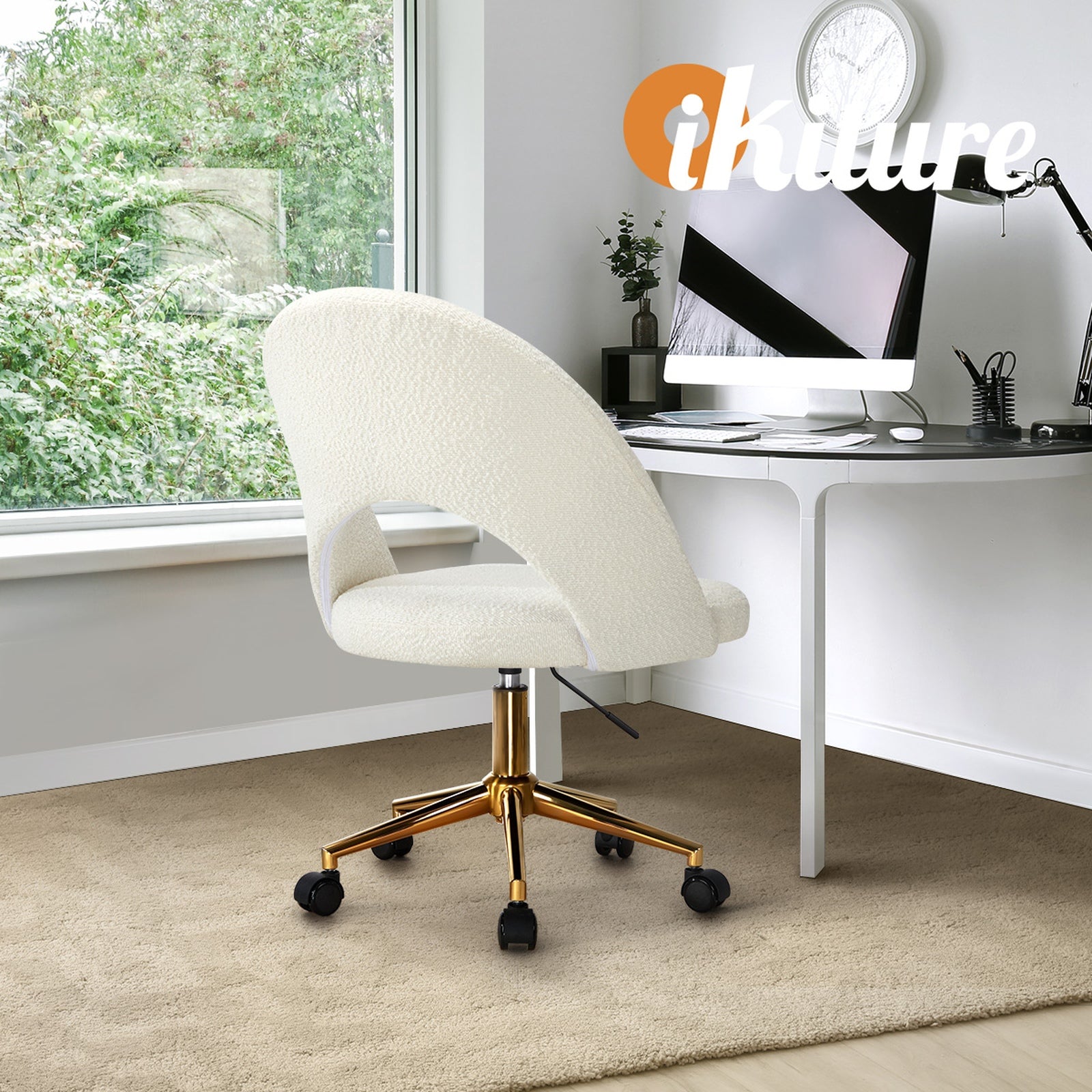 Oikiture High Back Hollow Armless Home Office Chair Boucle White&Gold - Sunyee