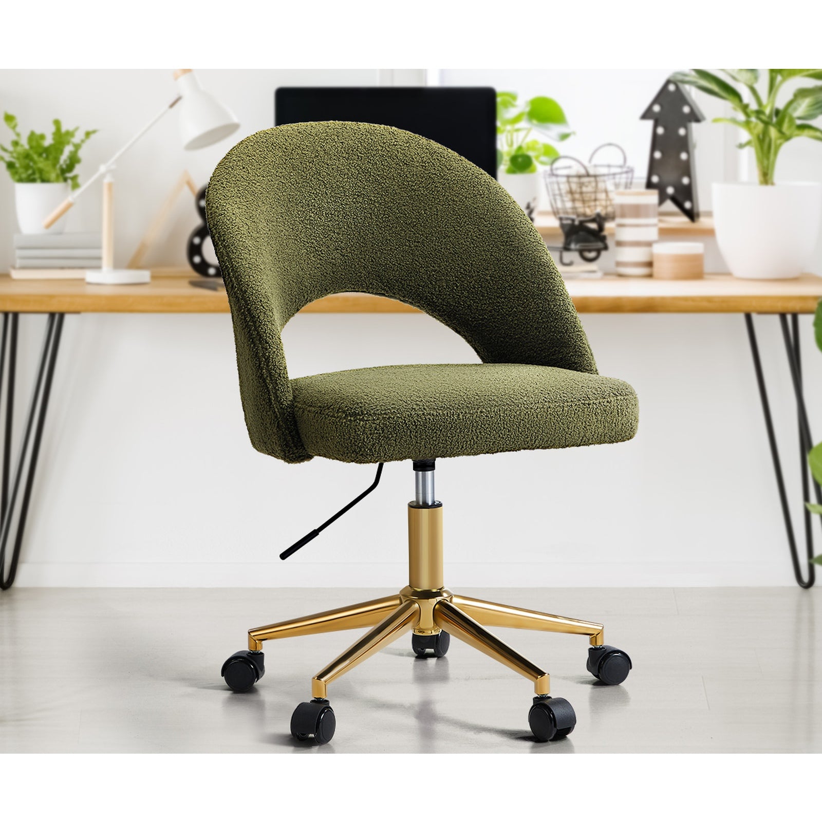 Oikiture High Back Hollow Armless Home Office Chair Boucle Green&Gold - Sunyee