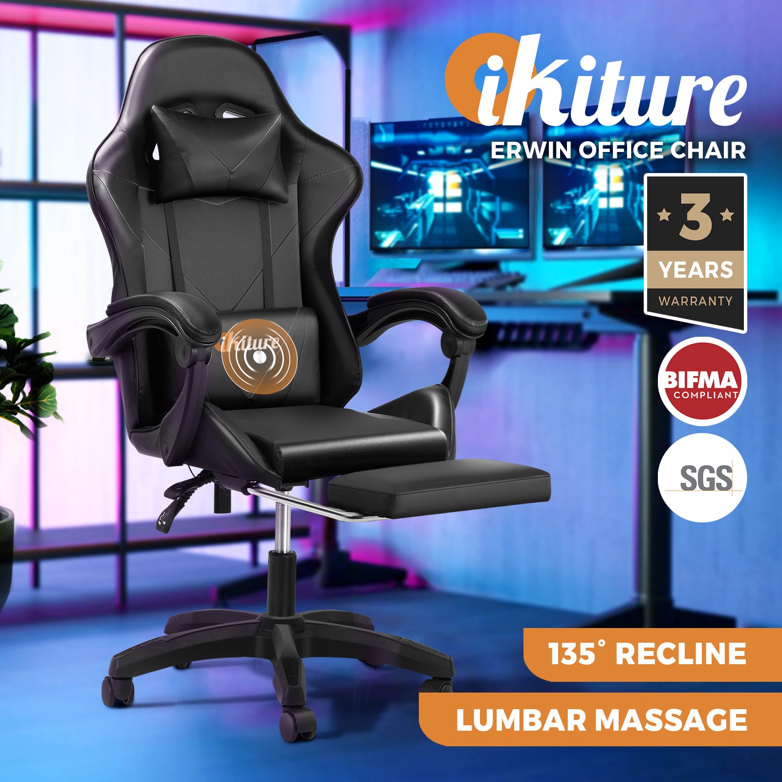 Oikiture Gaming Chair Massage Racing Recliner Office PU Leather with Footrest - Sunyee