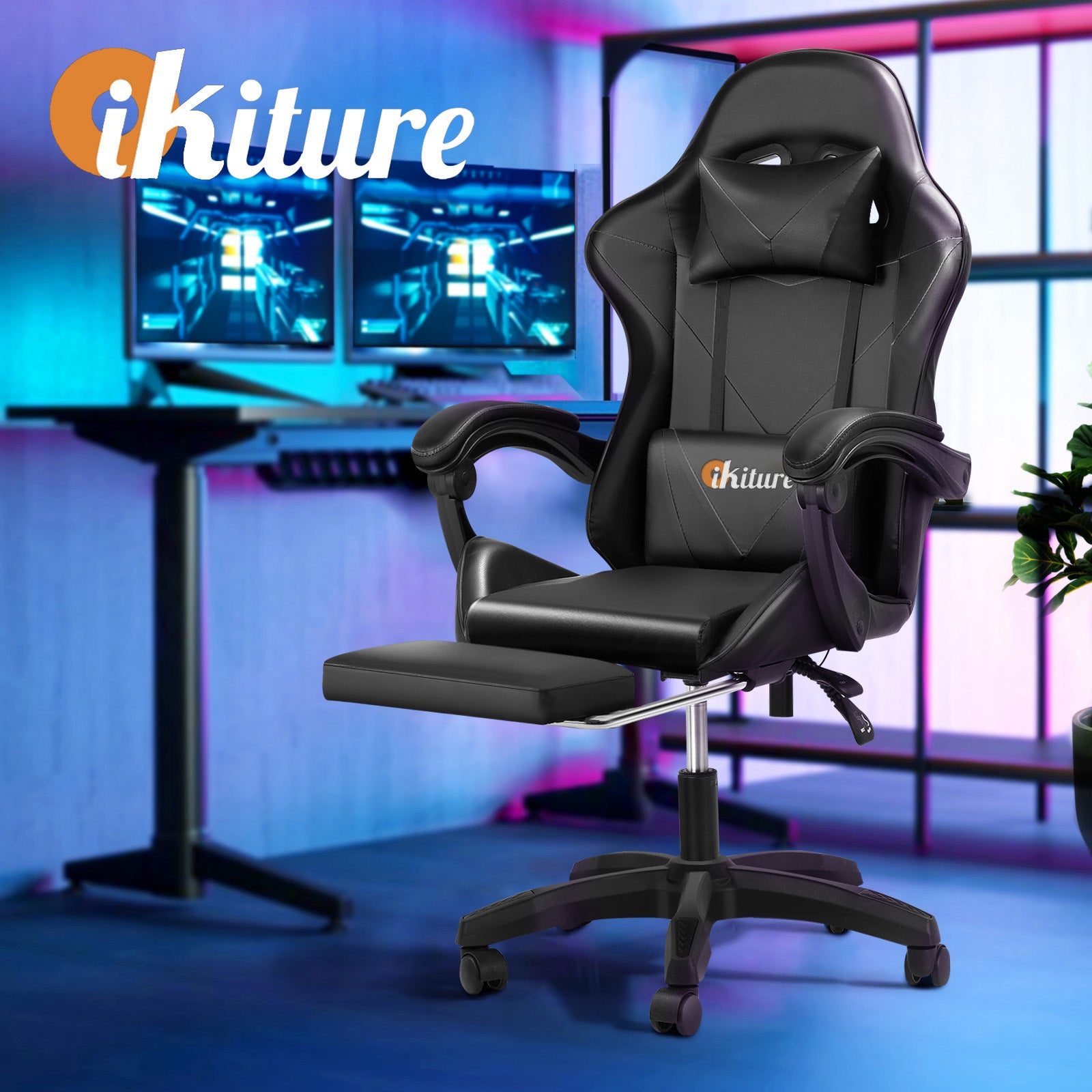 Oikiture Gaming Chair Massage Racing Recliner Office PU Leather with Footrest - Sunyee