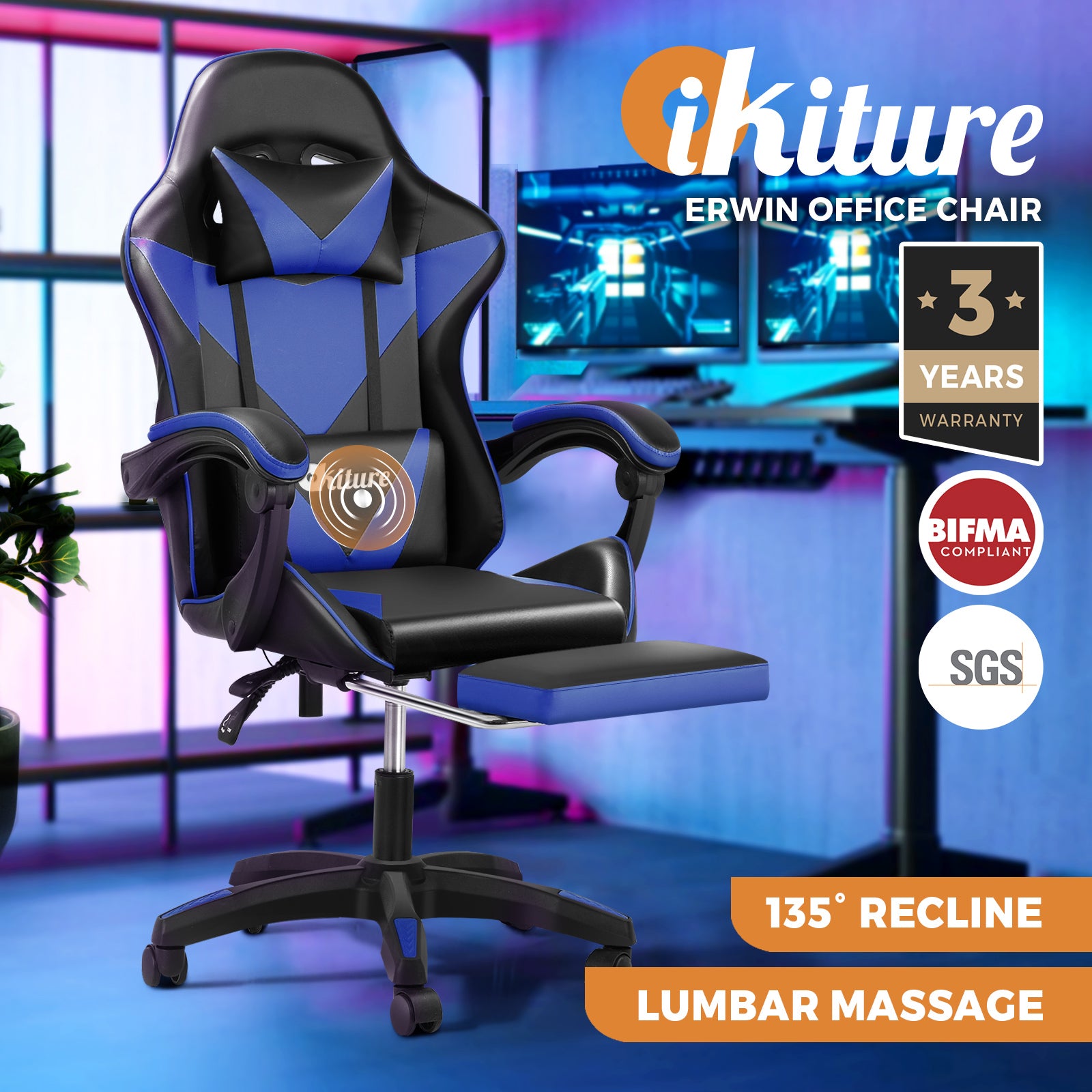 Oikiture Gaming Chair Massage Racing Recliner Office PU Leather with Footrest - Sunyee