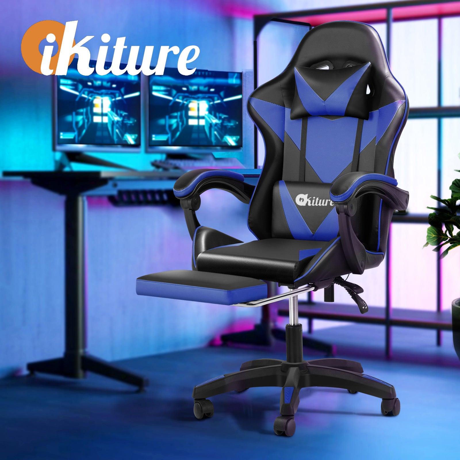 Oikiture Gaming Chair Massage Racing Recliner Office PU Leather with Footrest - Sunyee