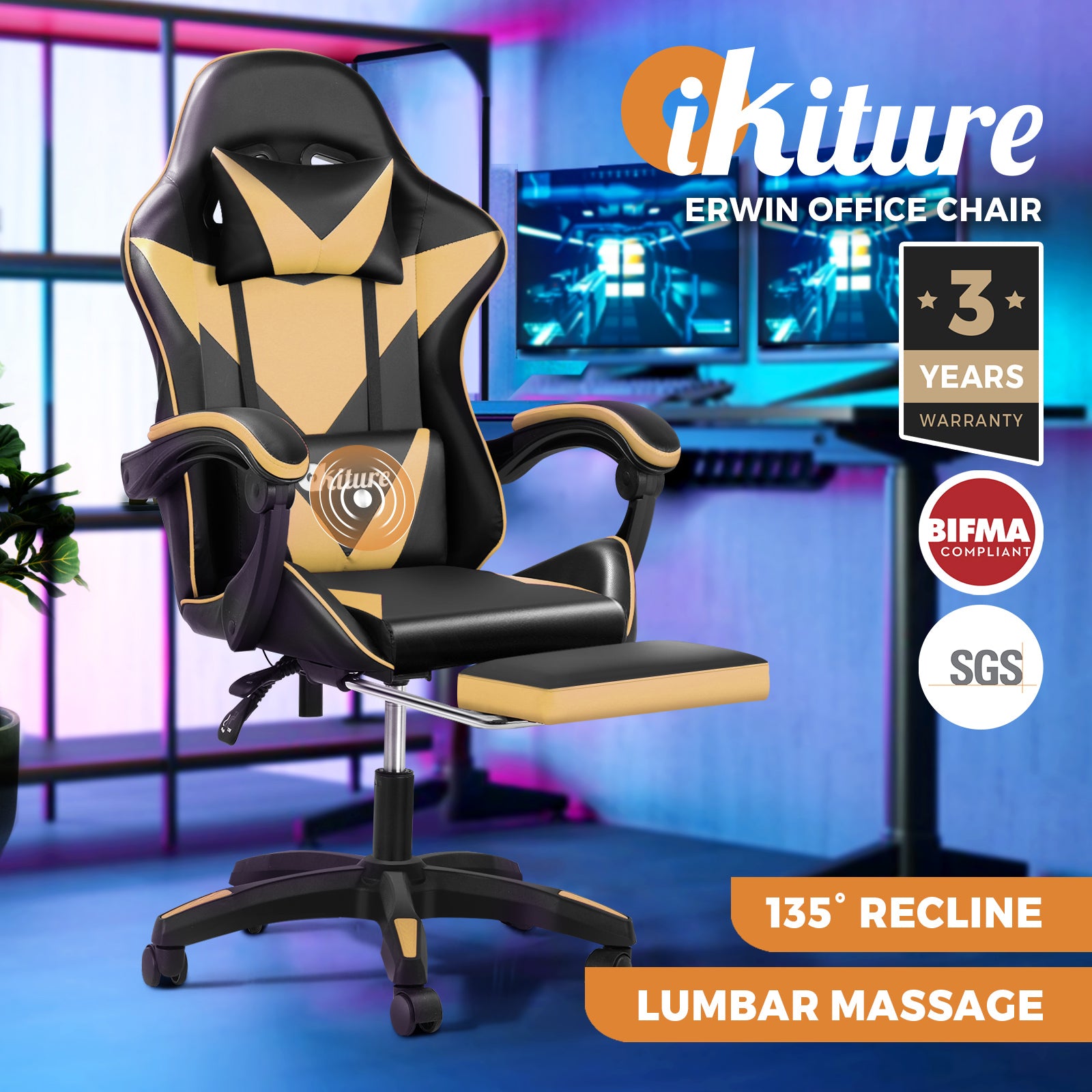 Oikiture Gaming Chair Massage Racing Recliner Office PU Leather with Footrest - Sunyee