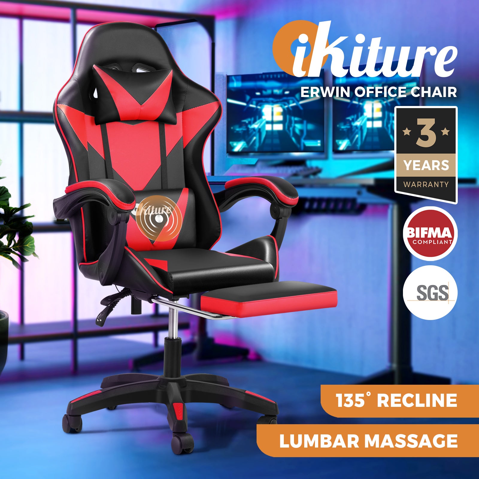 Oikiture Gaming Chair Massage Racing Recliner Office PU Leather with Footrest - Sunyee