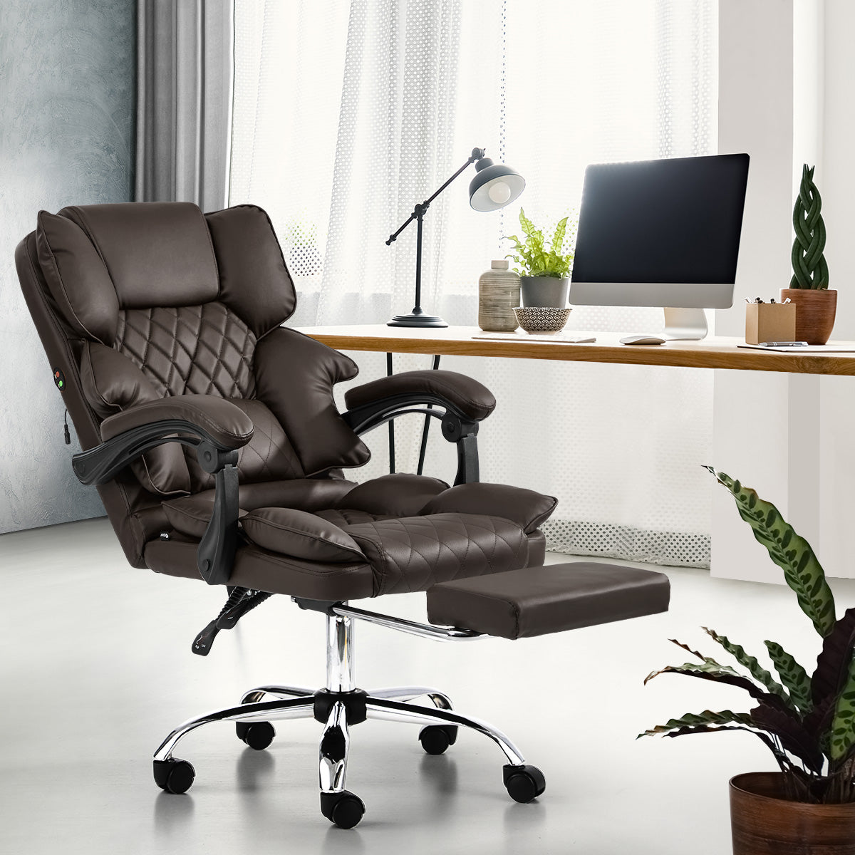 Oikiture Massage Office Chair Recliner Racing Computer Chairs PU Chocolate