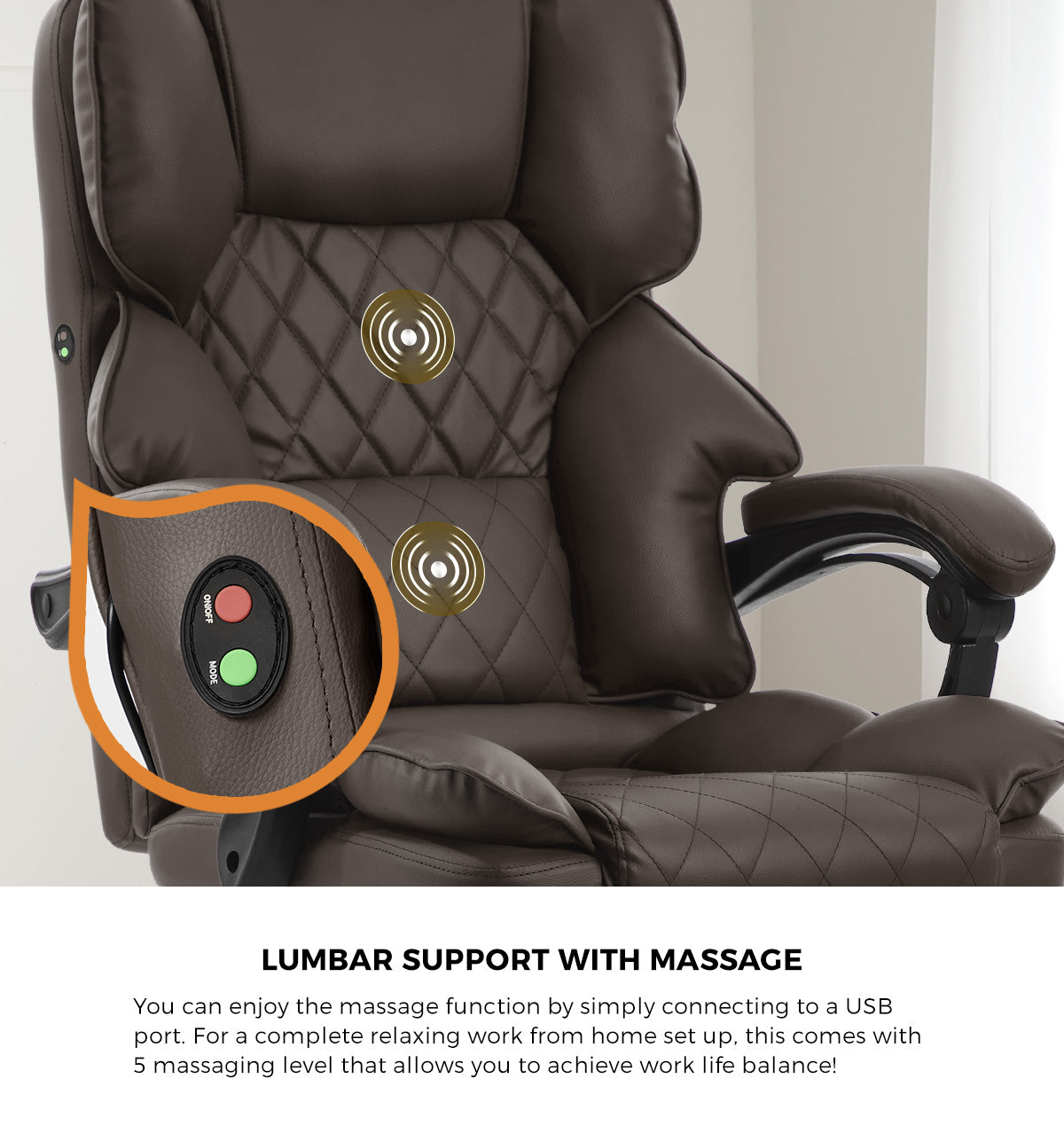 Oikiture Massage Office Chair Recliner Racing Computer Chairs PU Chocolate