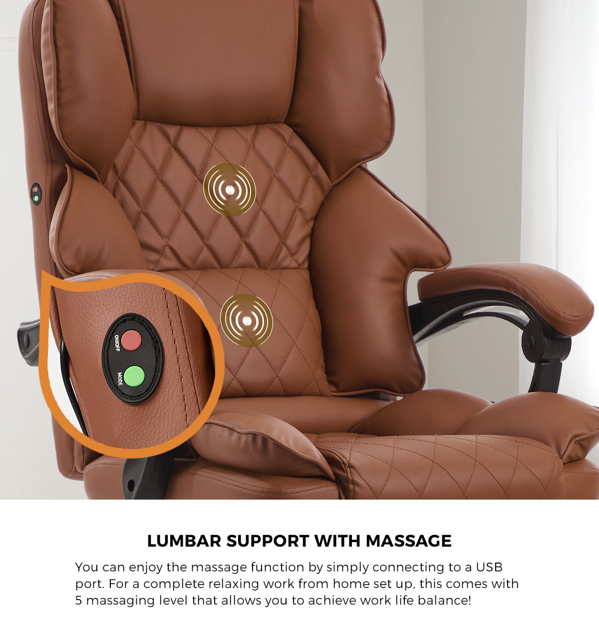 Oikiture Massage Office Chair PU Leather Adjustable Computer Gaming Dark Brown