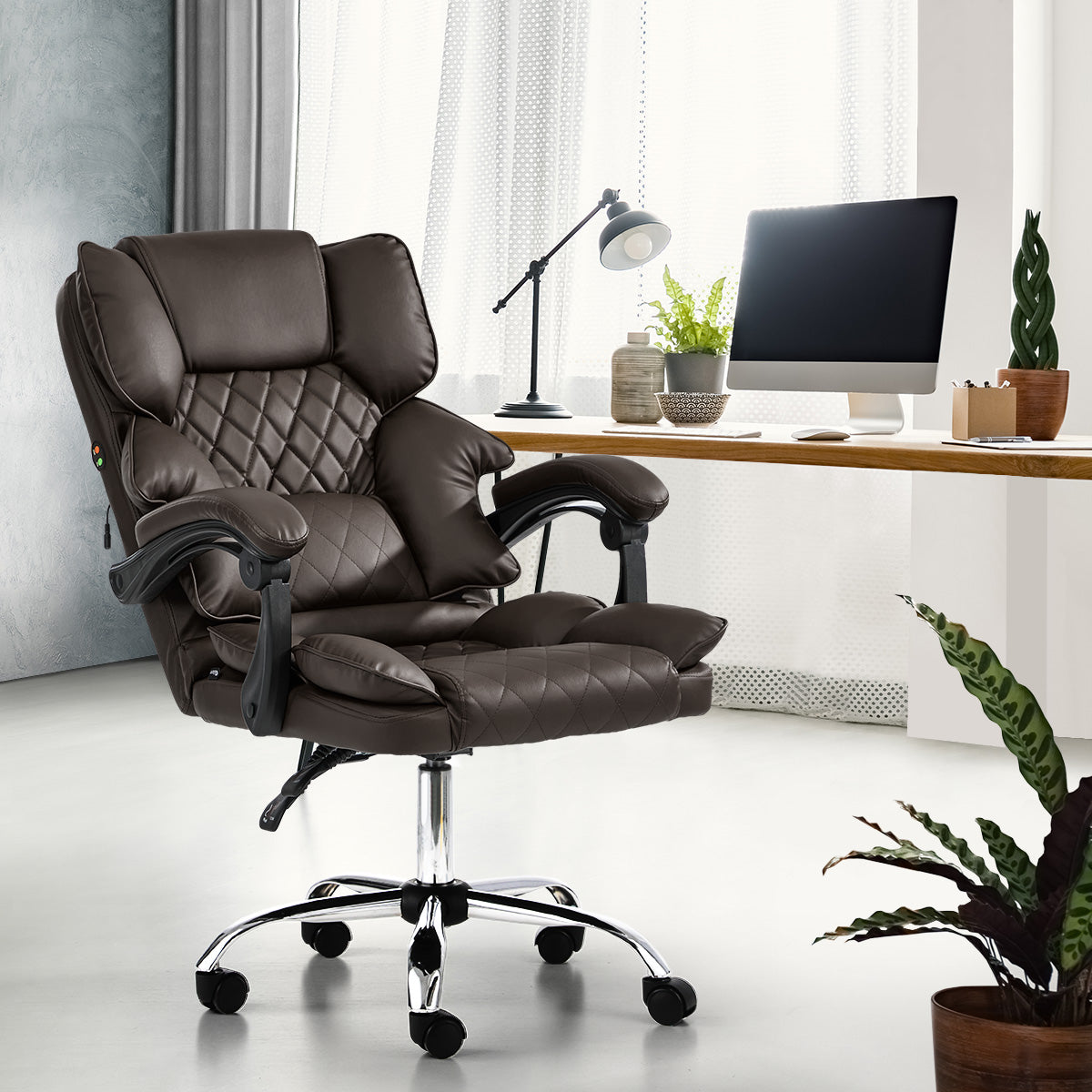 Oikiture Massage Office Chair Computer Racer PU Leather Seat Recliner Chocolate