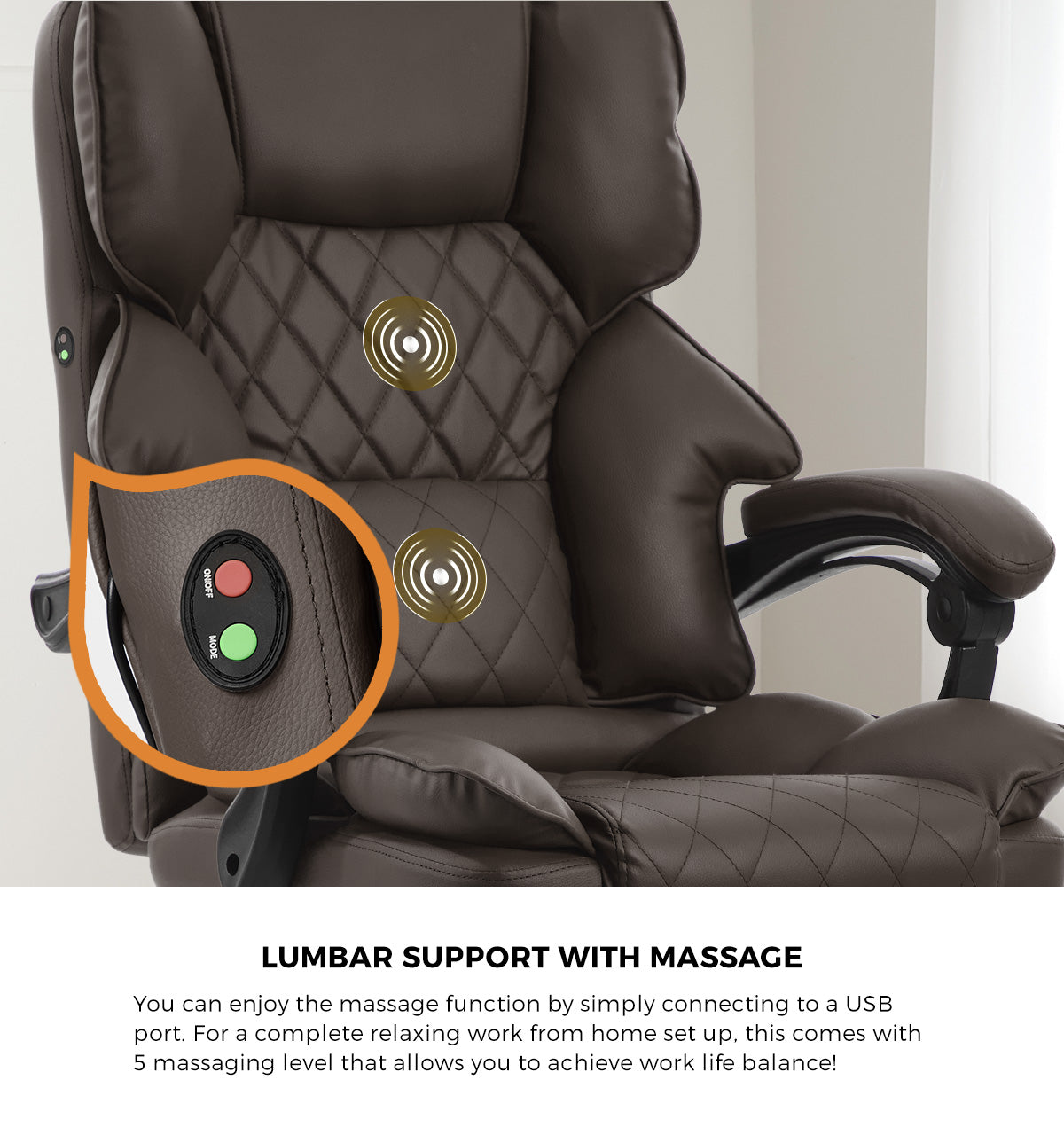 Oikiture Massage Office Chair Computer Racer PU Leather Seat Recliner Chocolate