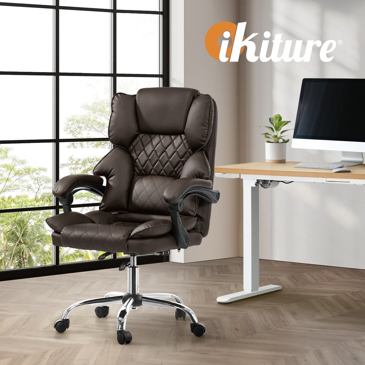 Oikiture Massage Office Chair Computer Racer PU Leather Seat Recliner Chocolate