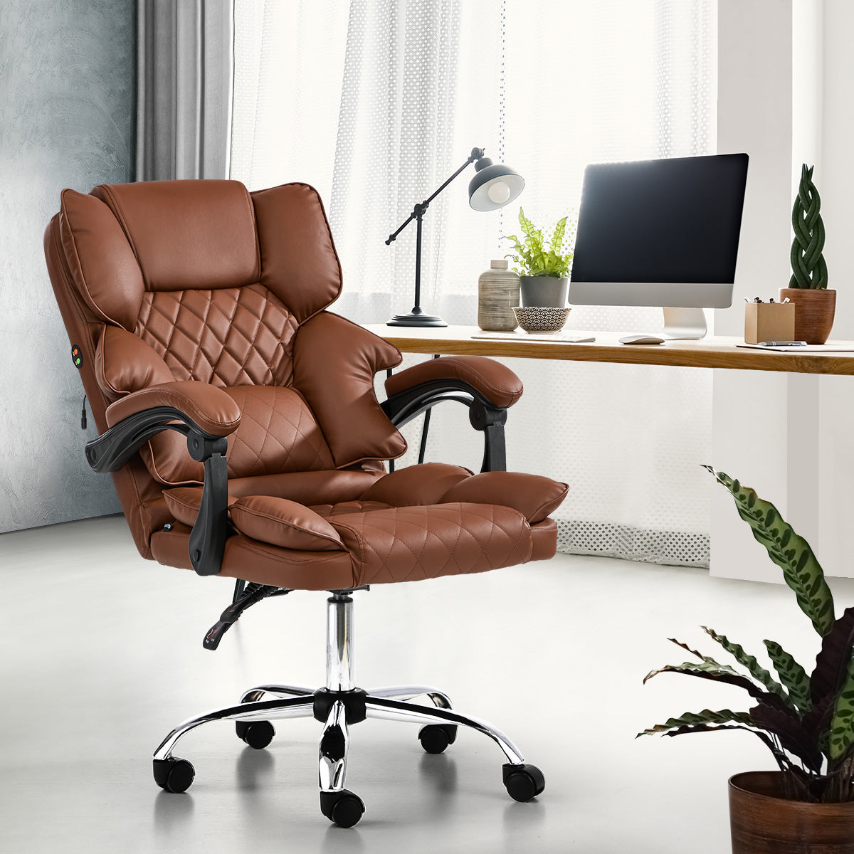 Oikiture Massage Office Chair Recliner Racing Computer Chairs PU Dark Brown