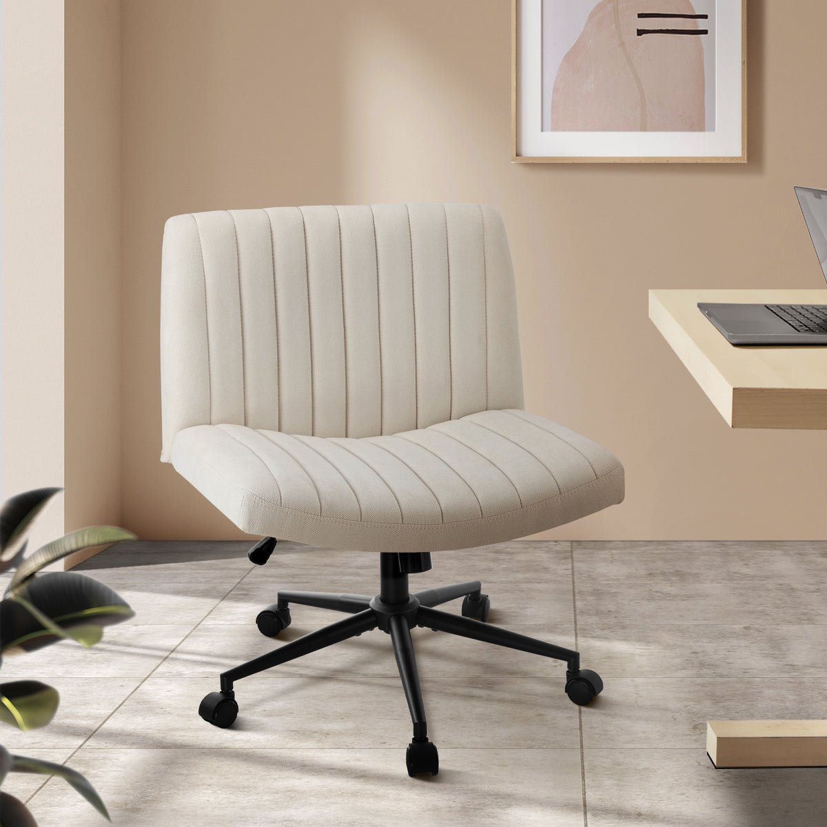 Oikiture Mid Back Armless Office Desk Chair Wide Seat with Wheels Linen Beige - Sunyee