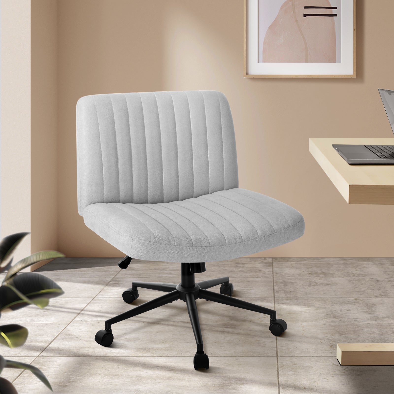 Oikiture Mid Back Armless Office Desk Chair Wide Seat with Wheels Linen Grey - Sunyee