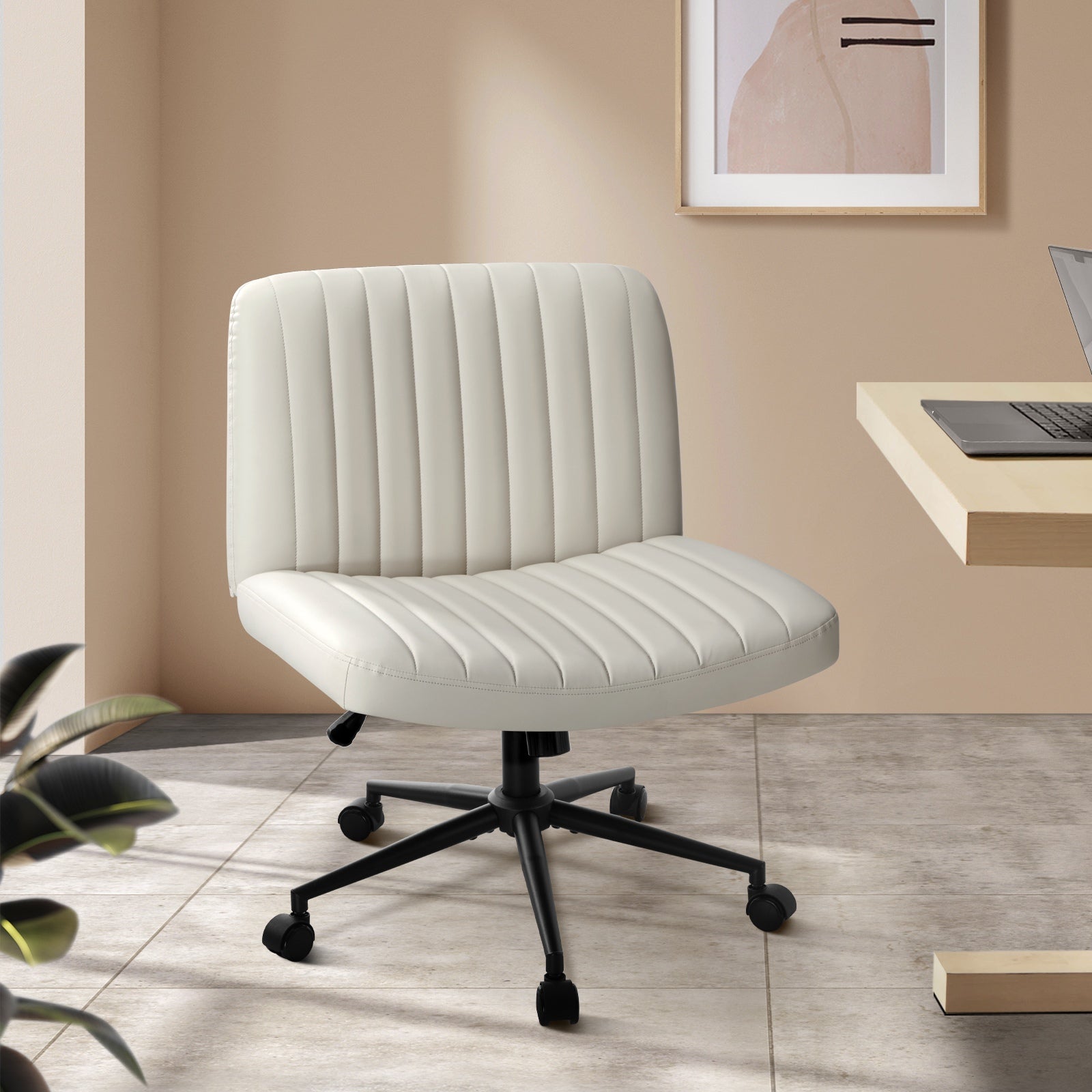 Oikiture Mid Back Armless Office Desk Chair Wide Seat with Wheels Leather Beige - Sunyee