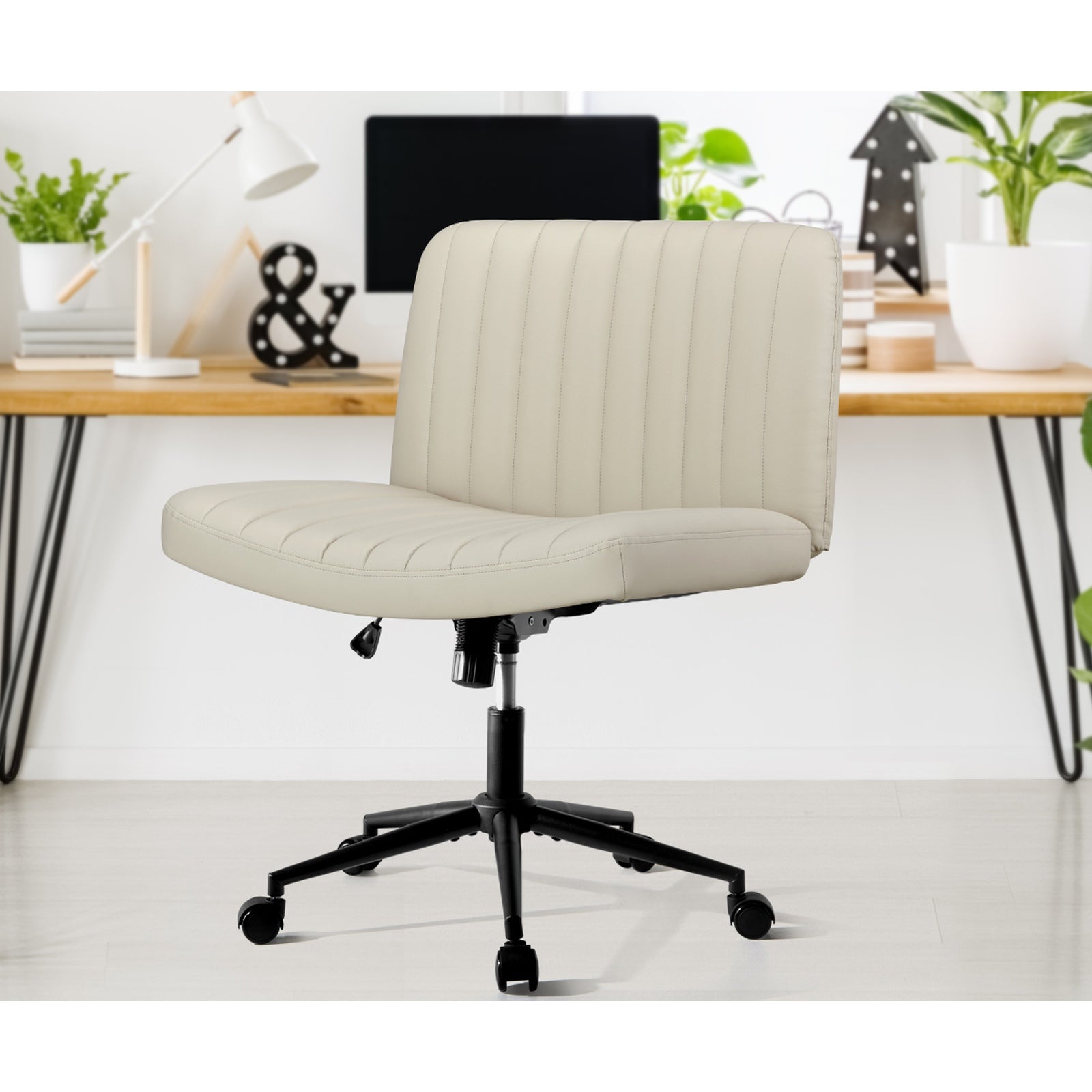 Oikiture Mid Back Armless Office Desk Chair Wide Seat with Wheels Leather Beige - Sunyee