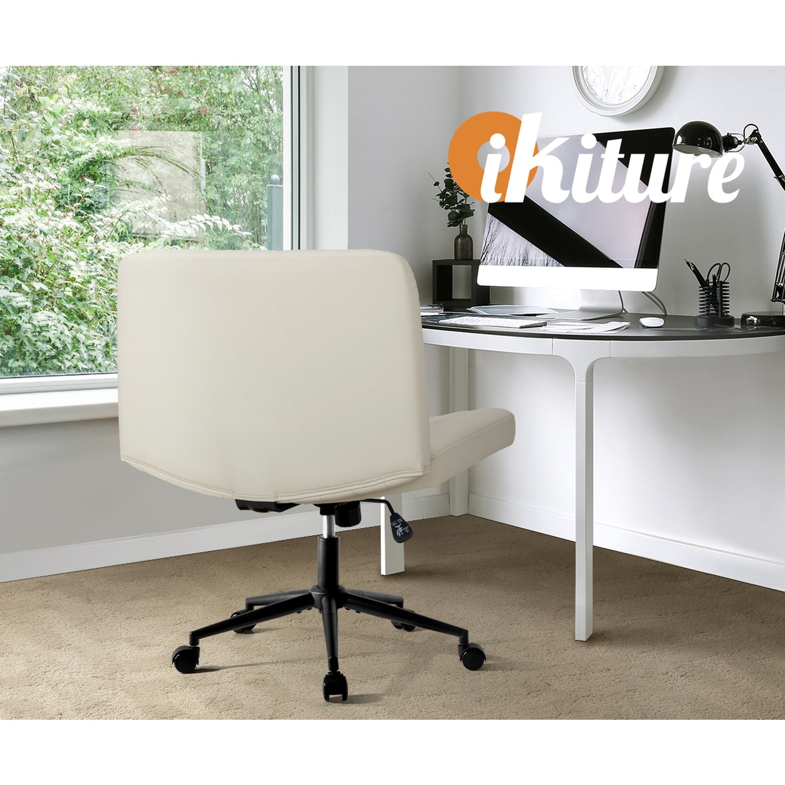Oikiture Mid Back Armless Office Desk Chair Wide Seat with Wheels Leather Beige - Sunyee